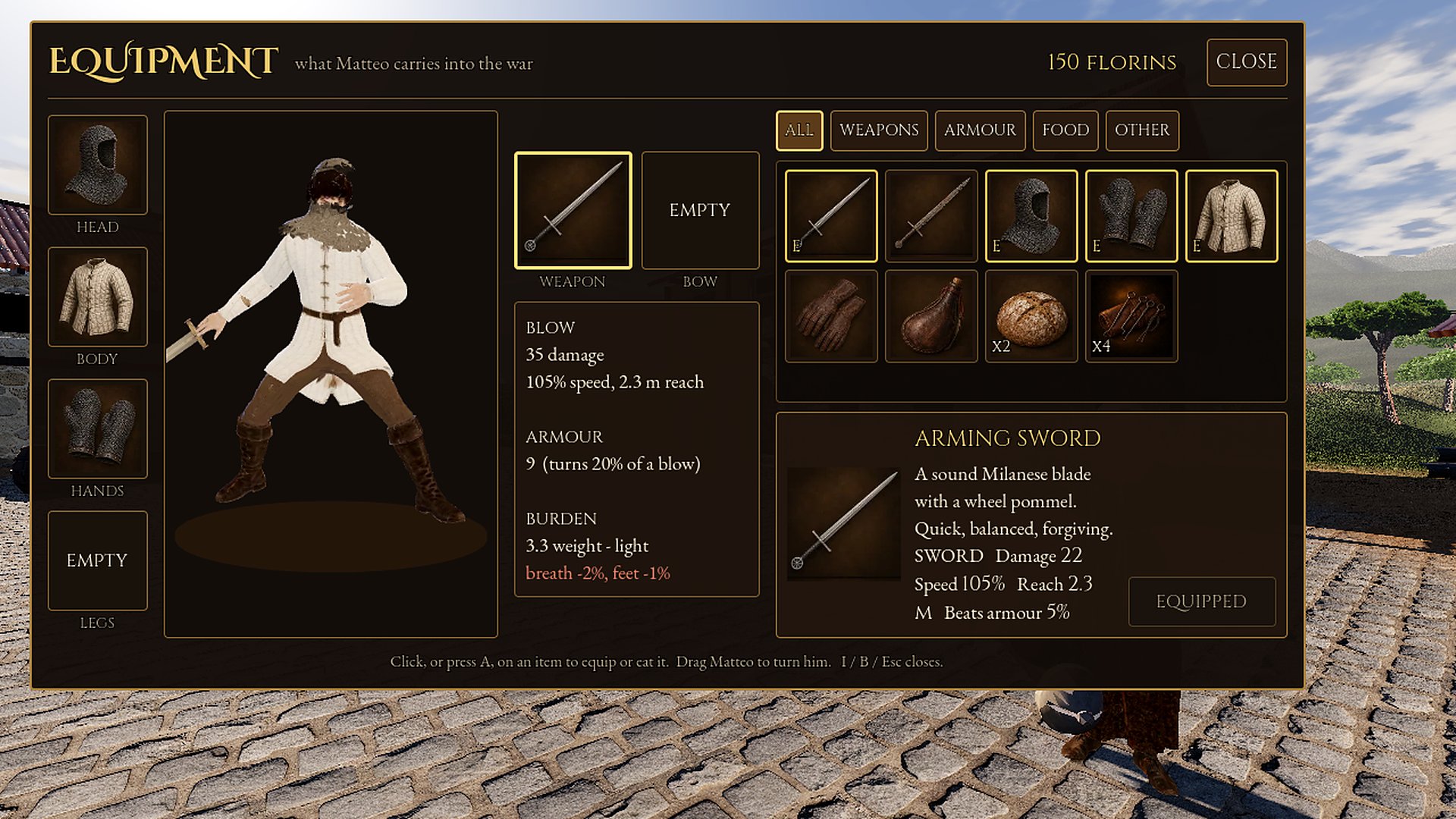 Swords, maces, bows, mail and plate, each with its own weight and reach.
