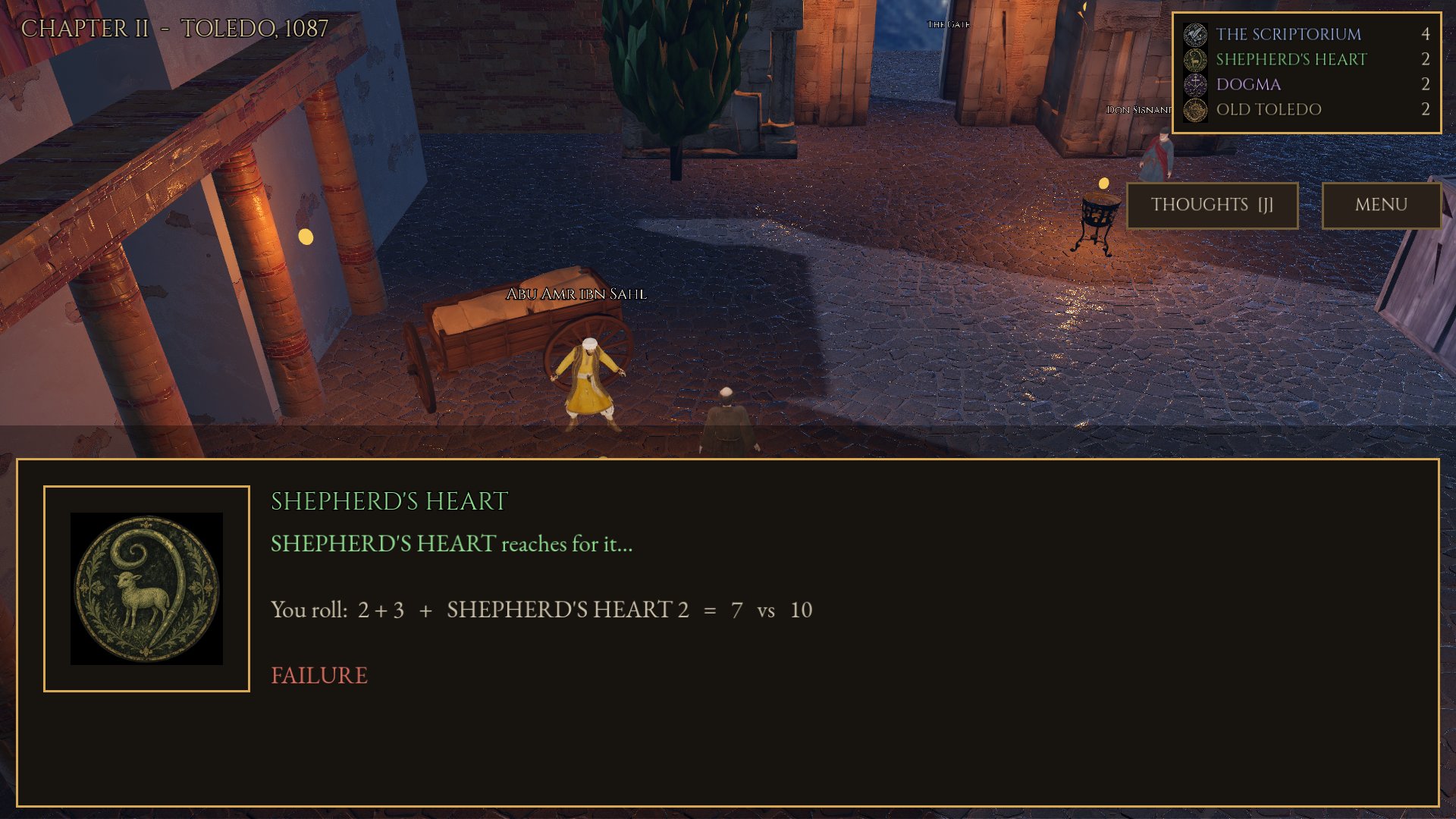Two dice plus a skill decide the check. This attempt fails.