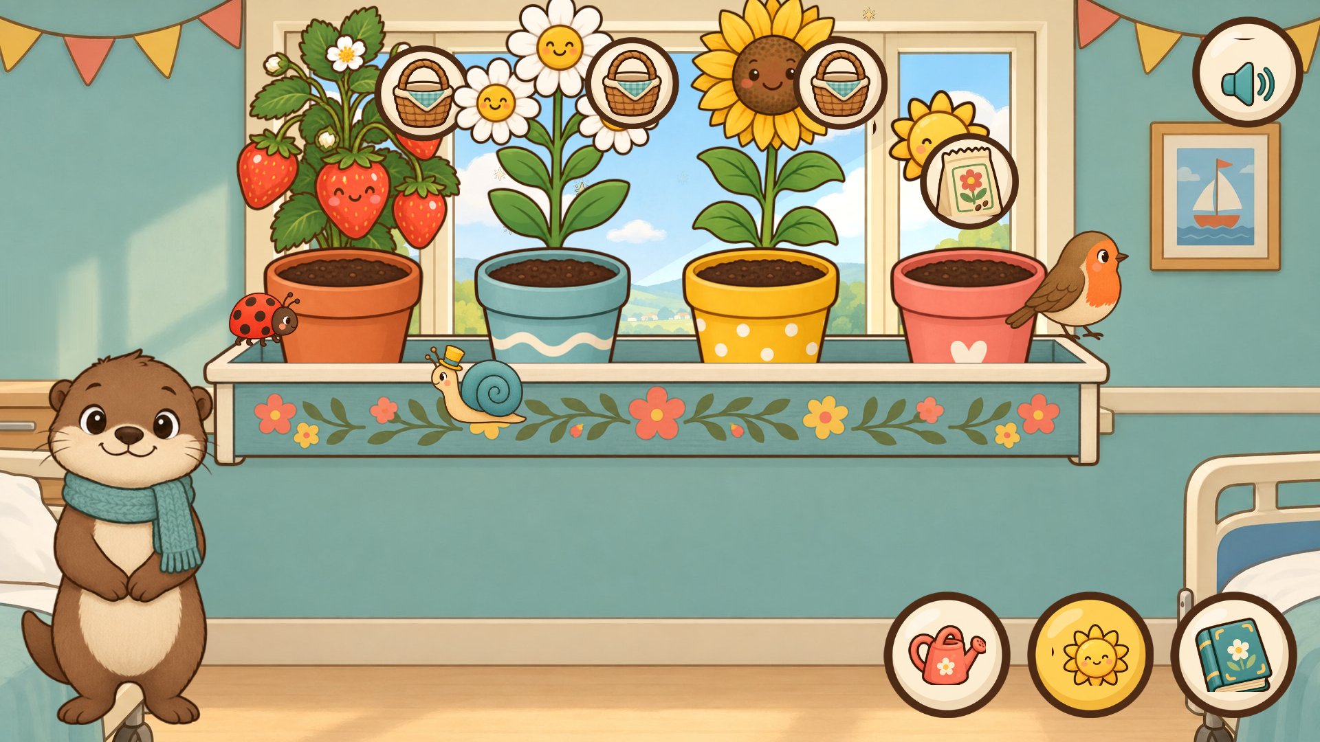 Strawberries, daisies and a sunflower, with friends dropping by.
