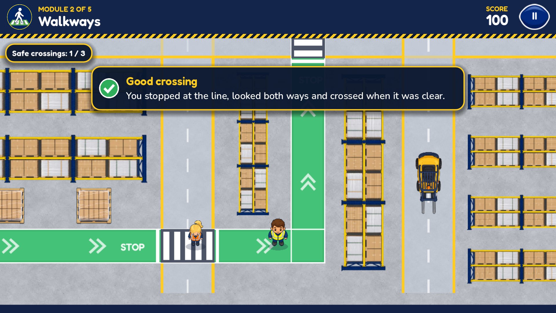 Walkways: stop at the line, look both ways, then cross.