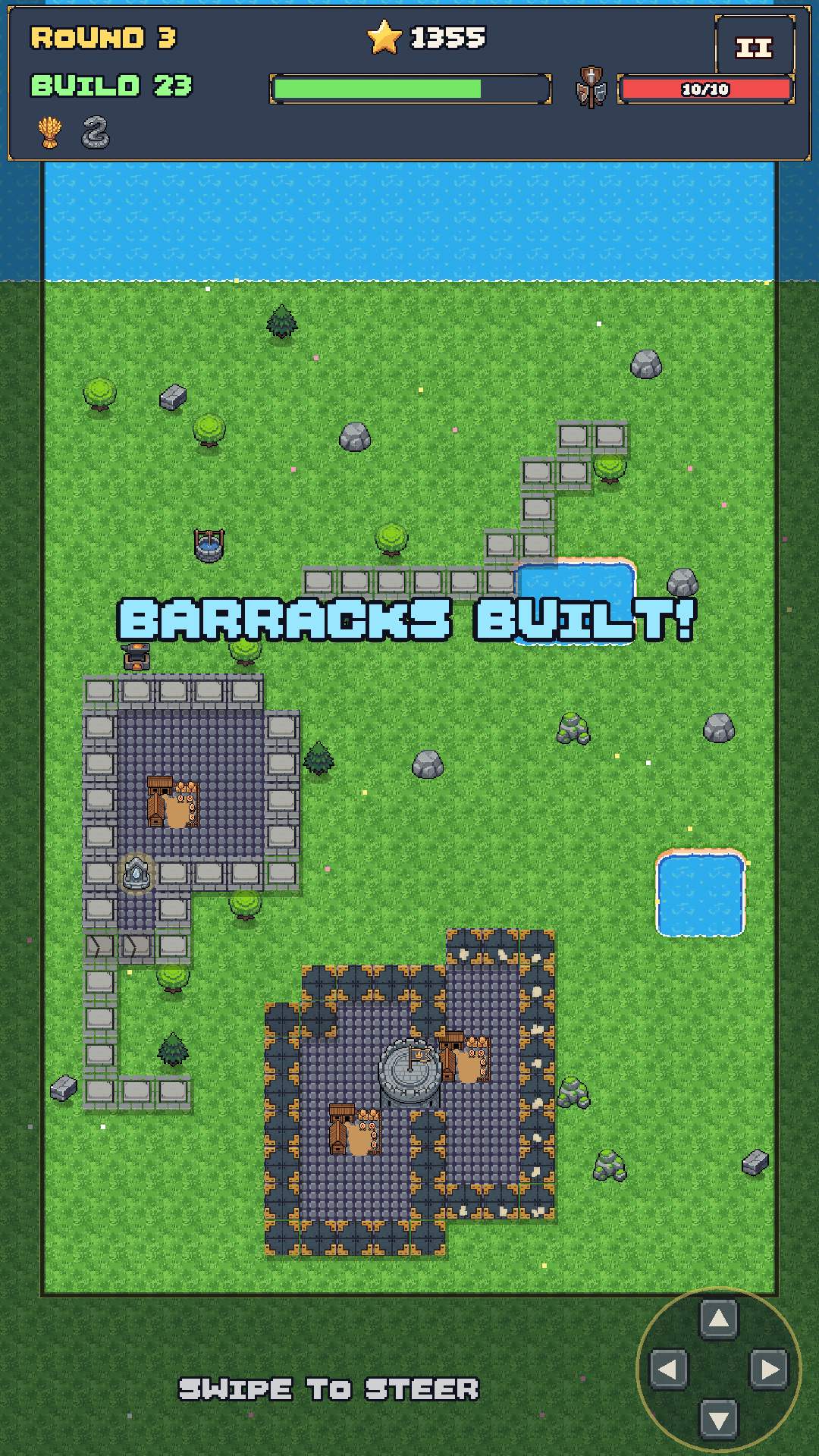Round 3: a new courtyard is walled in and the Barracks goes up; its archers fire from the walls.