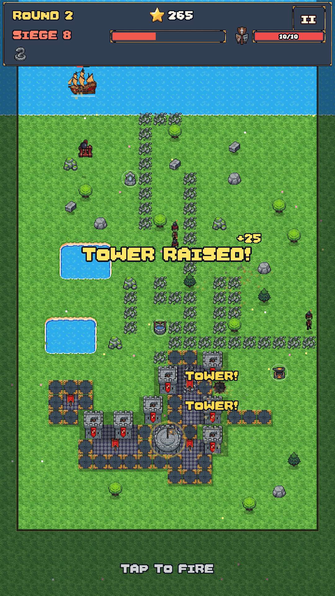 Round 2: two new towers go up while goblin sappers march on the walls.