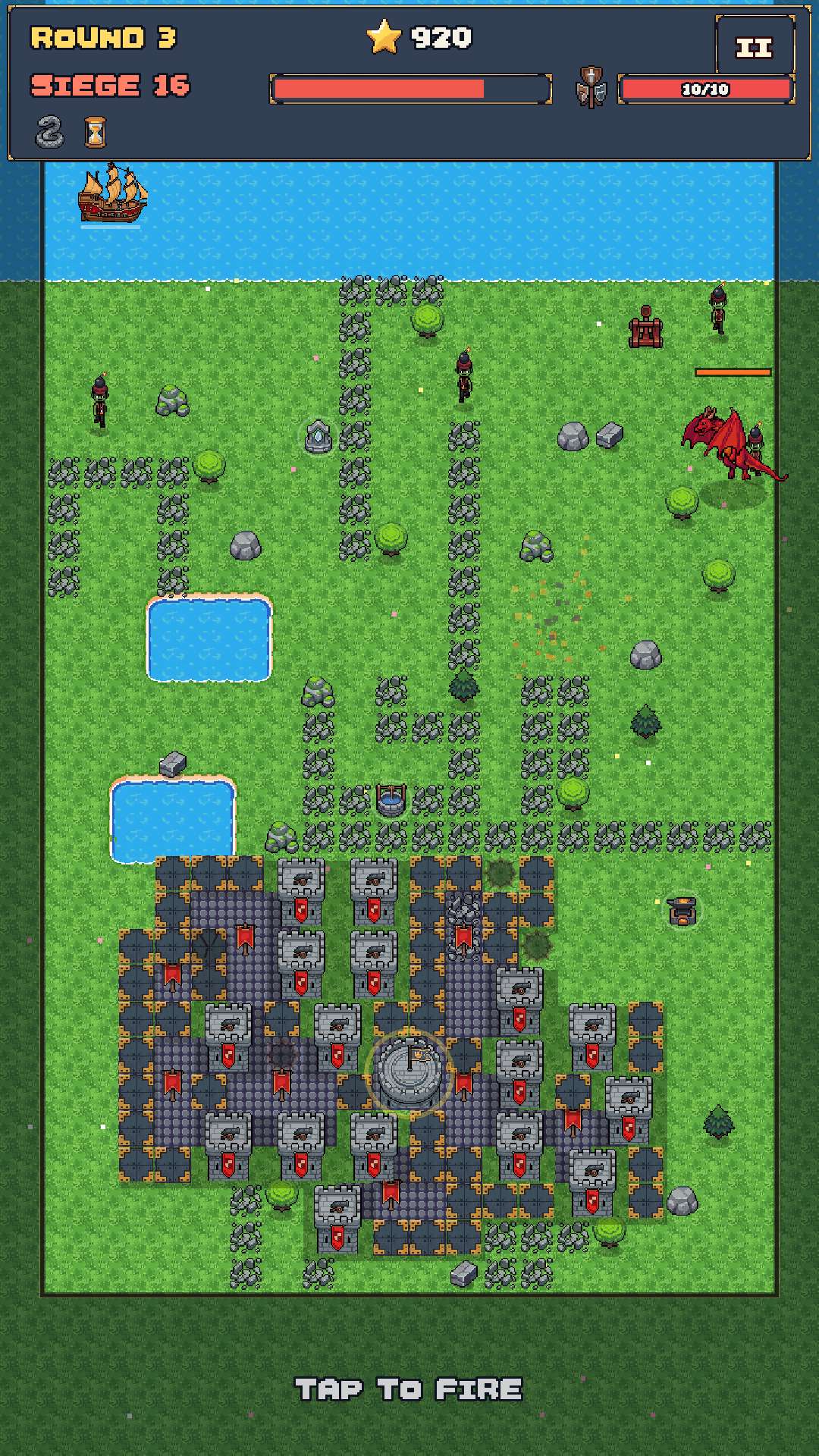 Round 3: the first red dragon arrives with catapults and a warship.