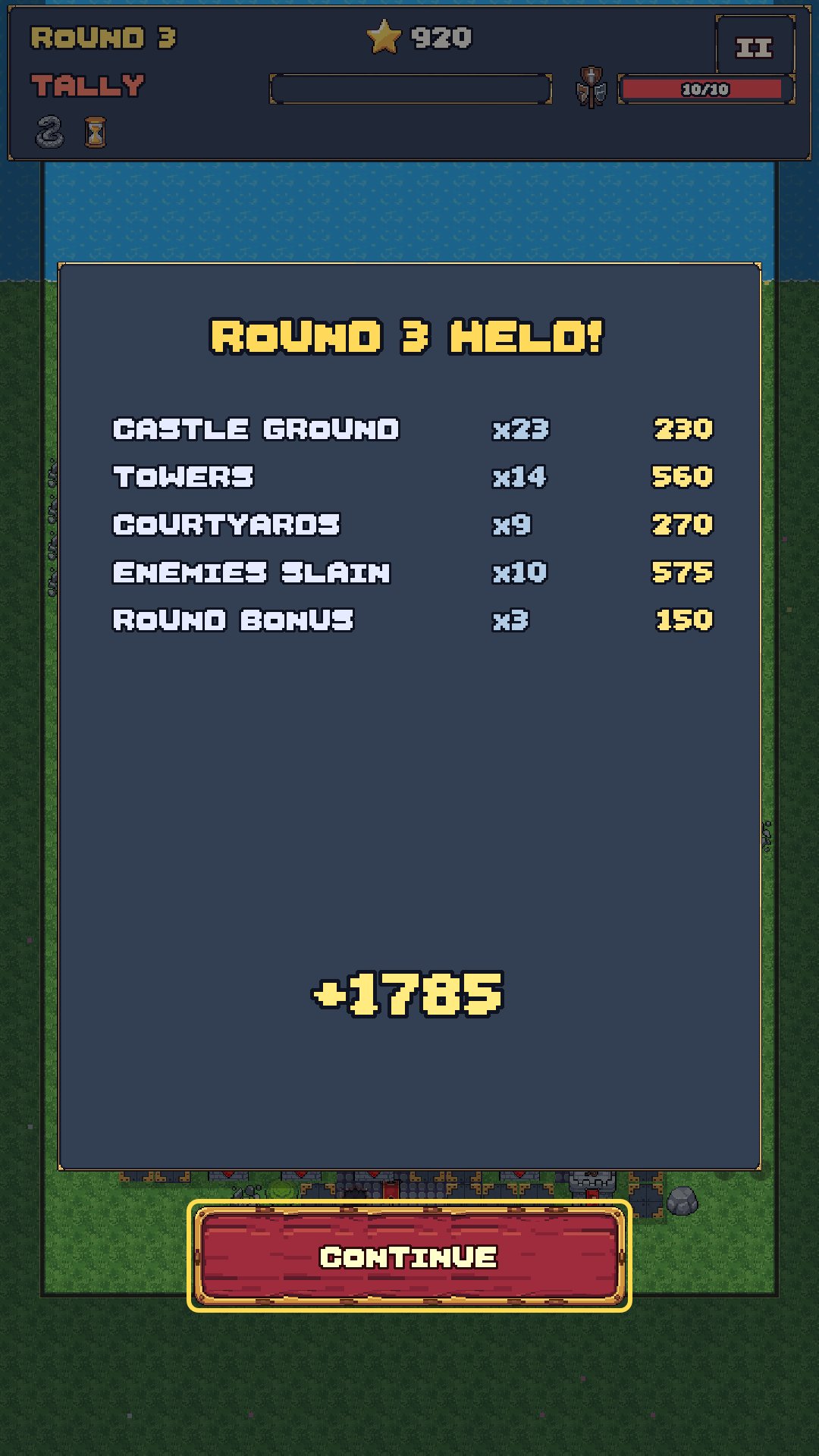 The tally after a siege: castle ground, towers, courtyards and kills.