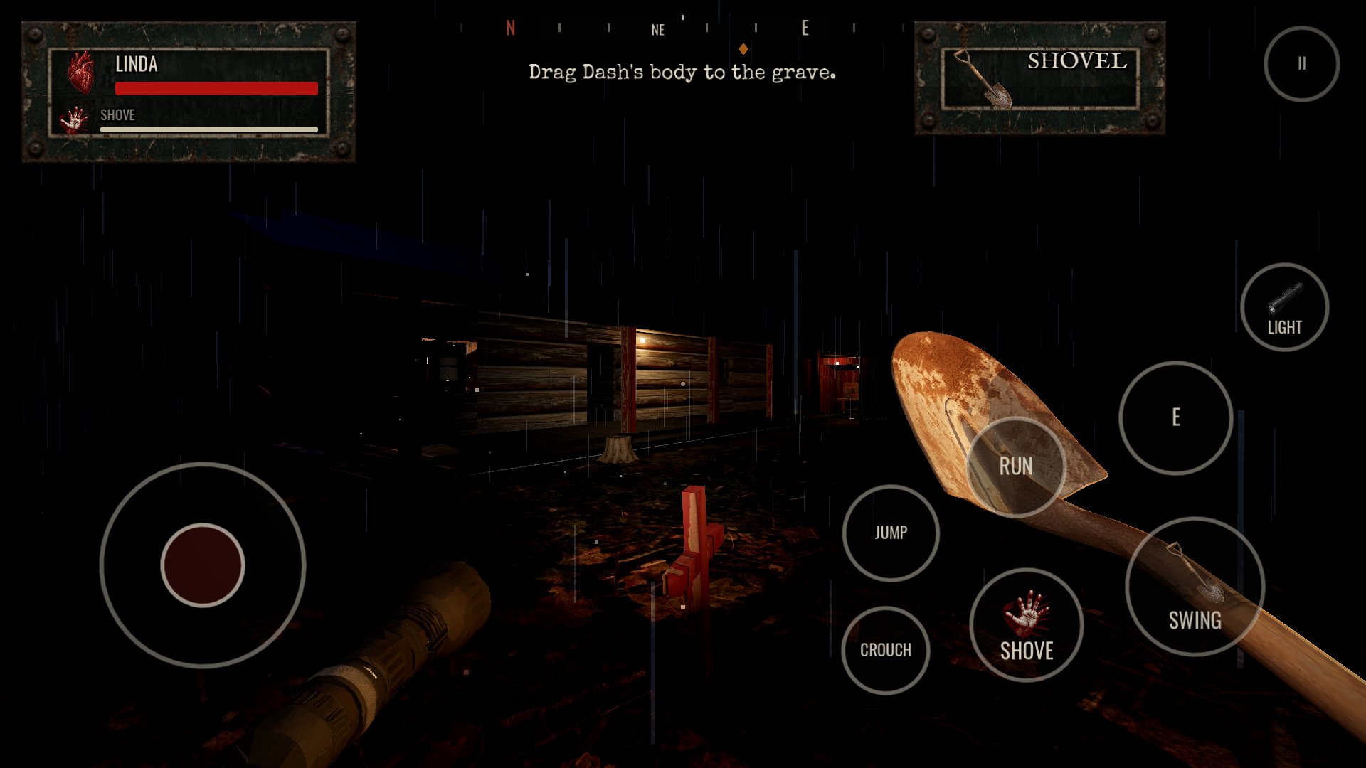 Touch controls: stick, swing, shove, run and light.