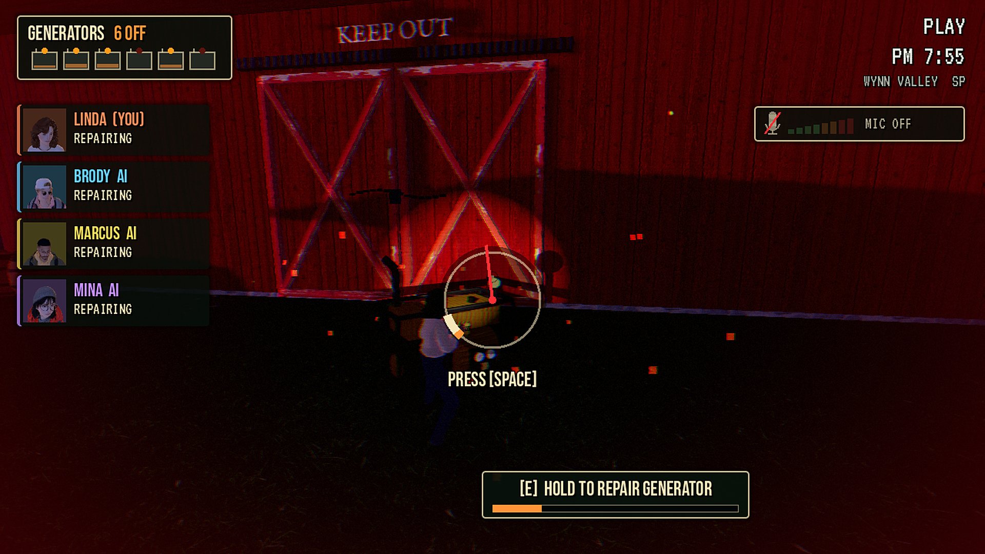 Hold to repair a generator, and hit the skill check before the needle passes.