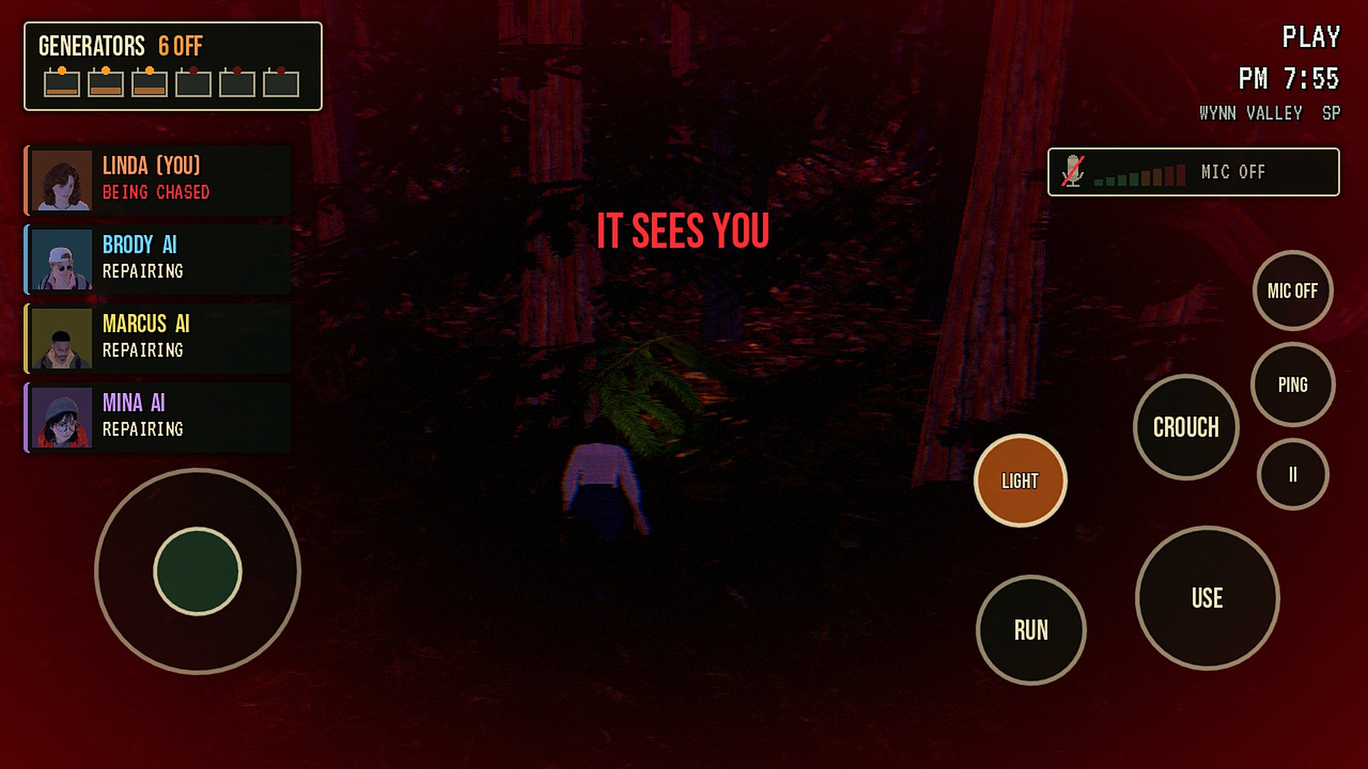 Playing on a touchscreen: stick on the left, actions on the right. It sees you.