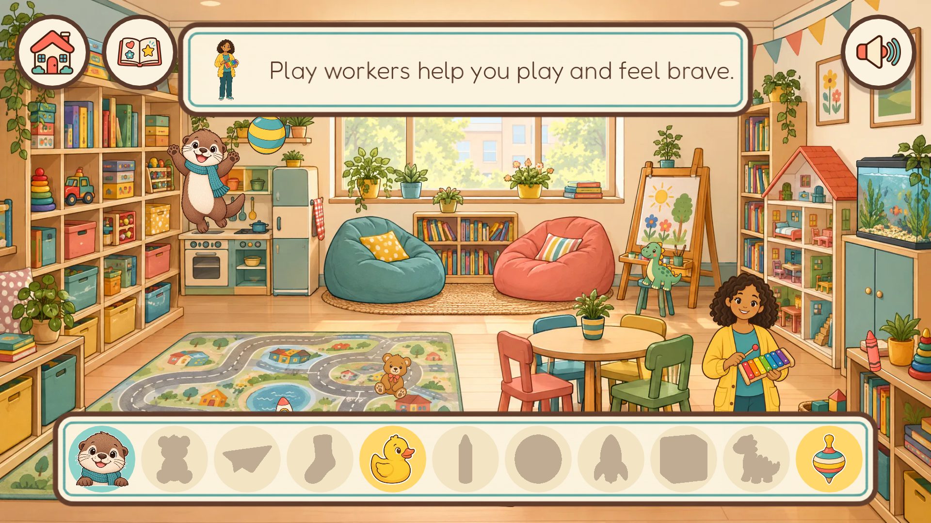 The playroom: Pip found, and the play worker says hello.