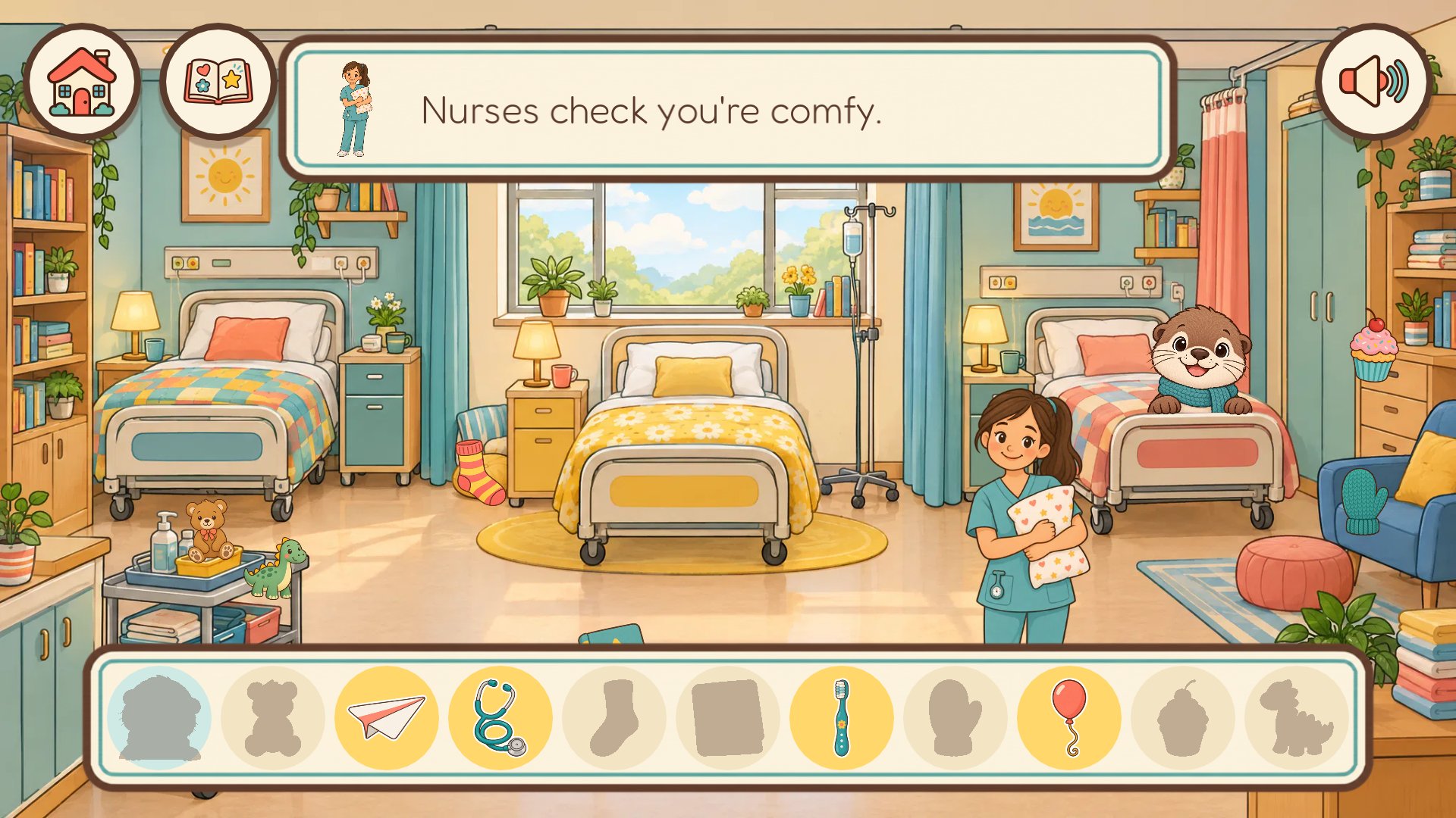 In the ward, the nurse checks everyone is comfy.
