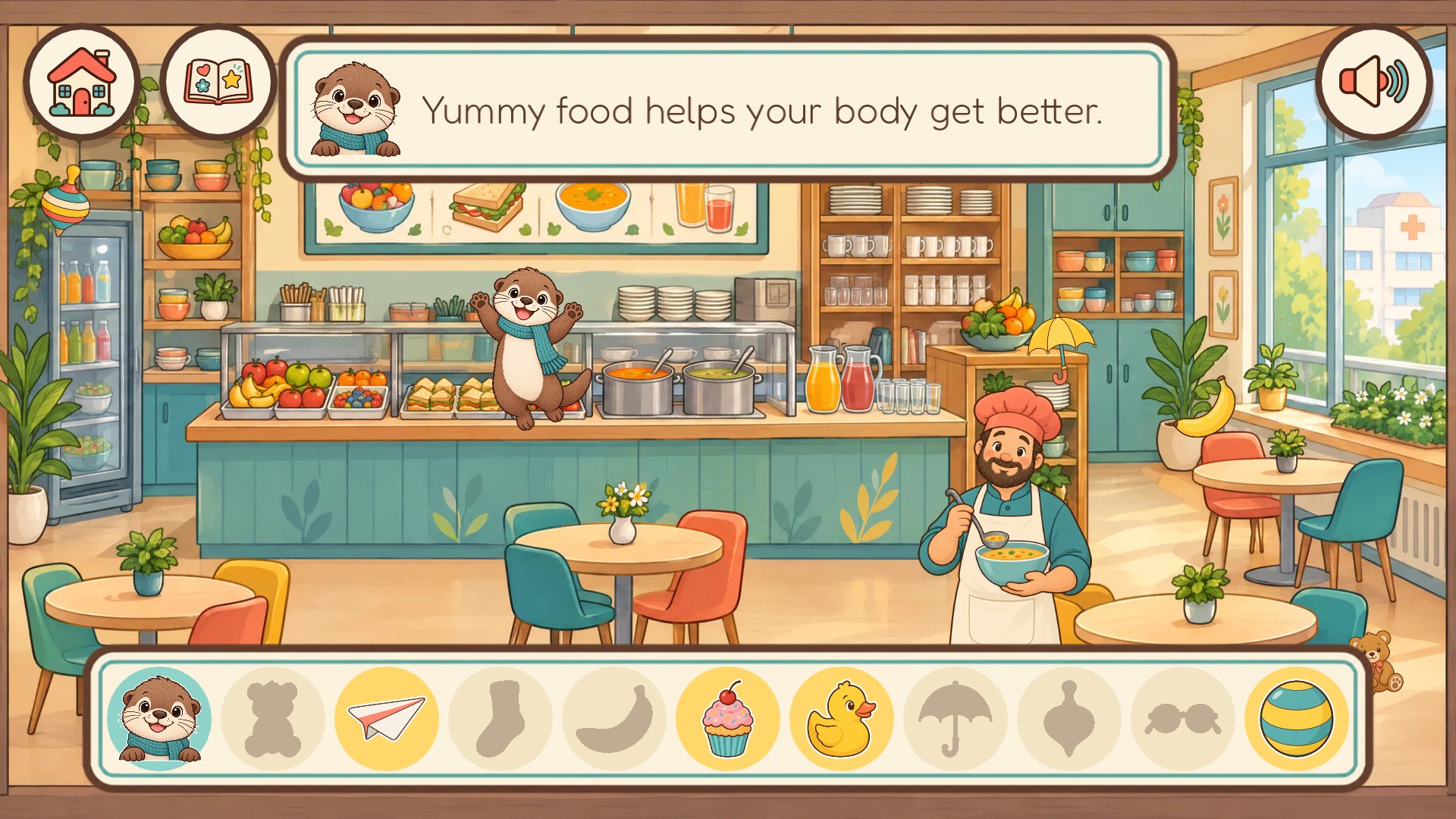 The cafe: yummy food helps your body get better.