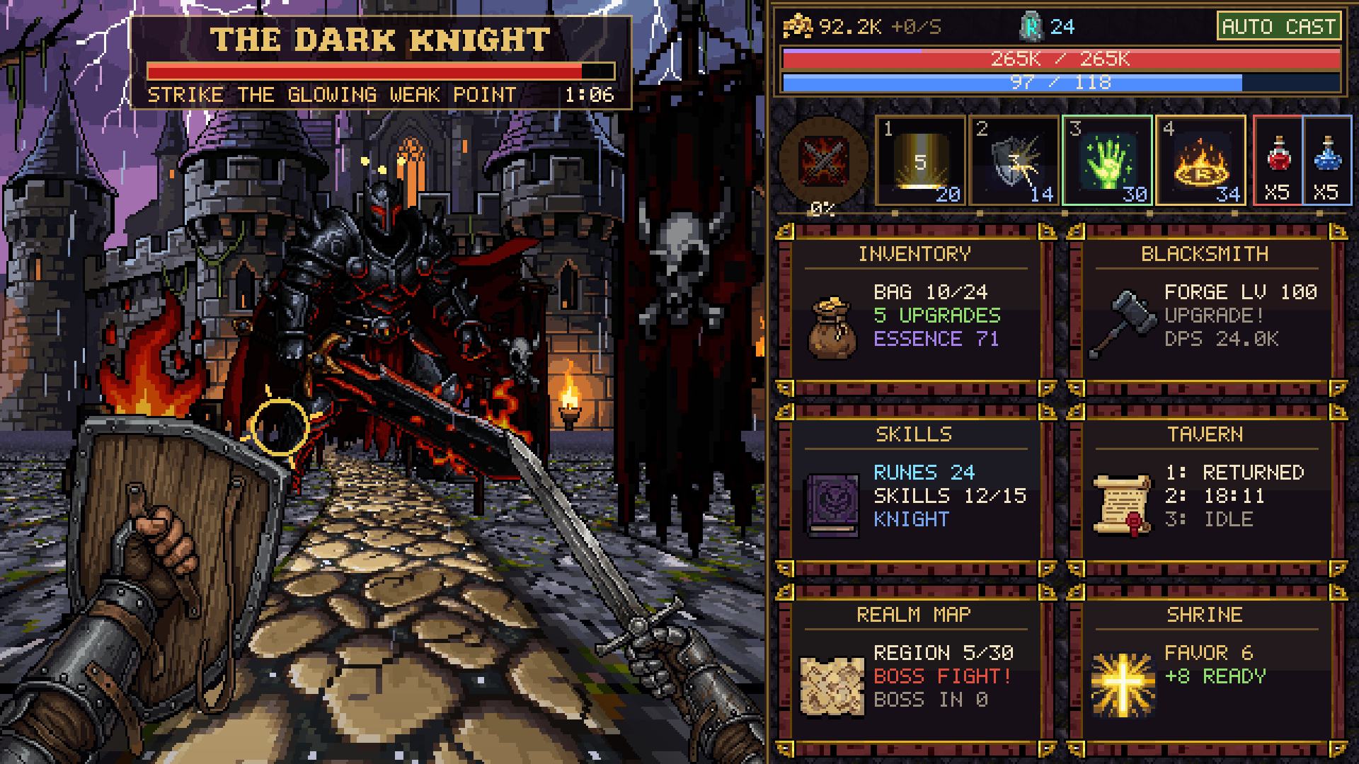 The Dark Knight bars the castle gate. Strike the glowing weak point.