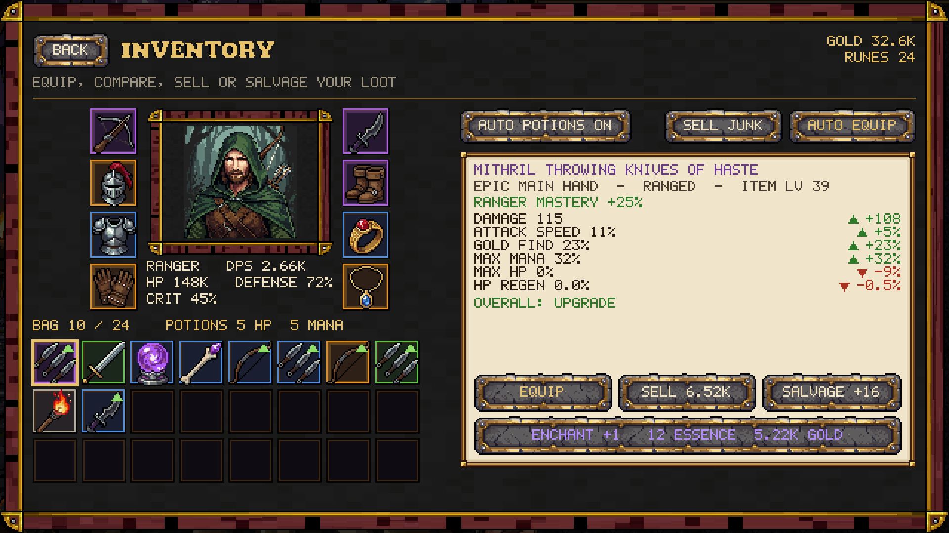 Loot in five rarities: equip it, enchant it or salvage it.