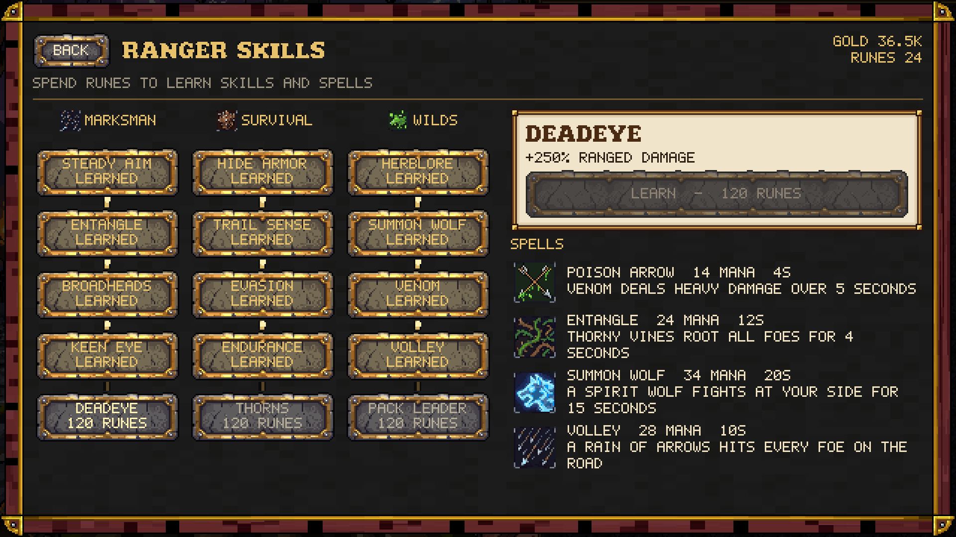 Three skill trees per class, bought with runes.