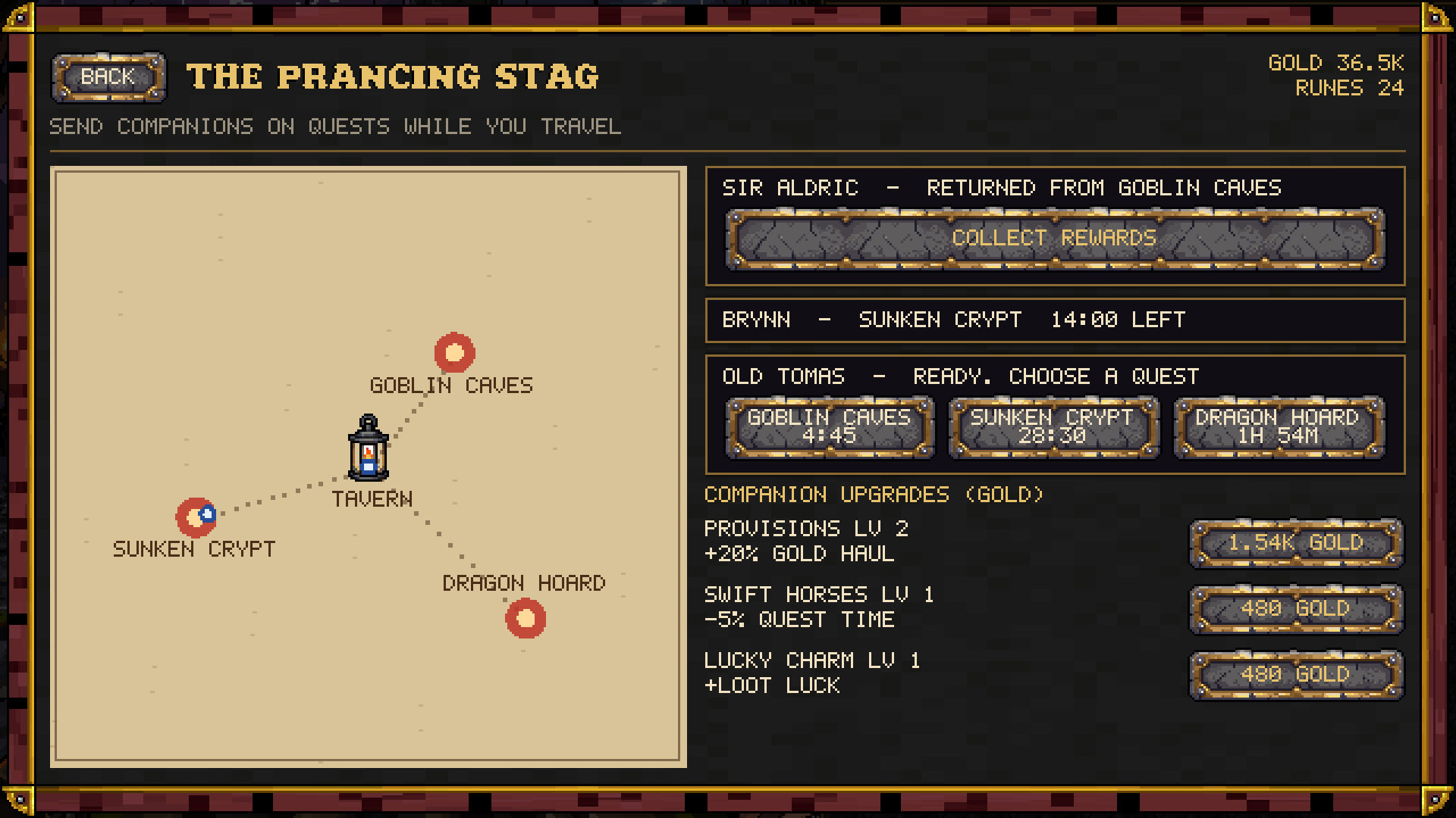 Send companions on quests from the Prancing Stag.