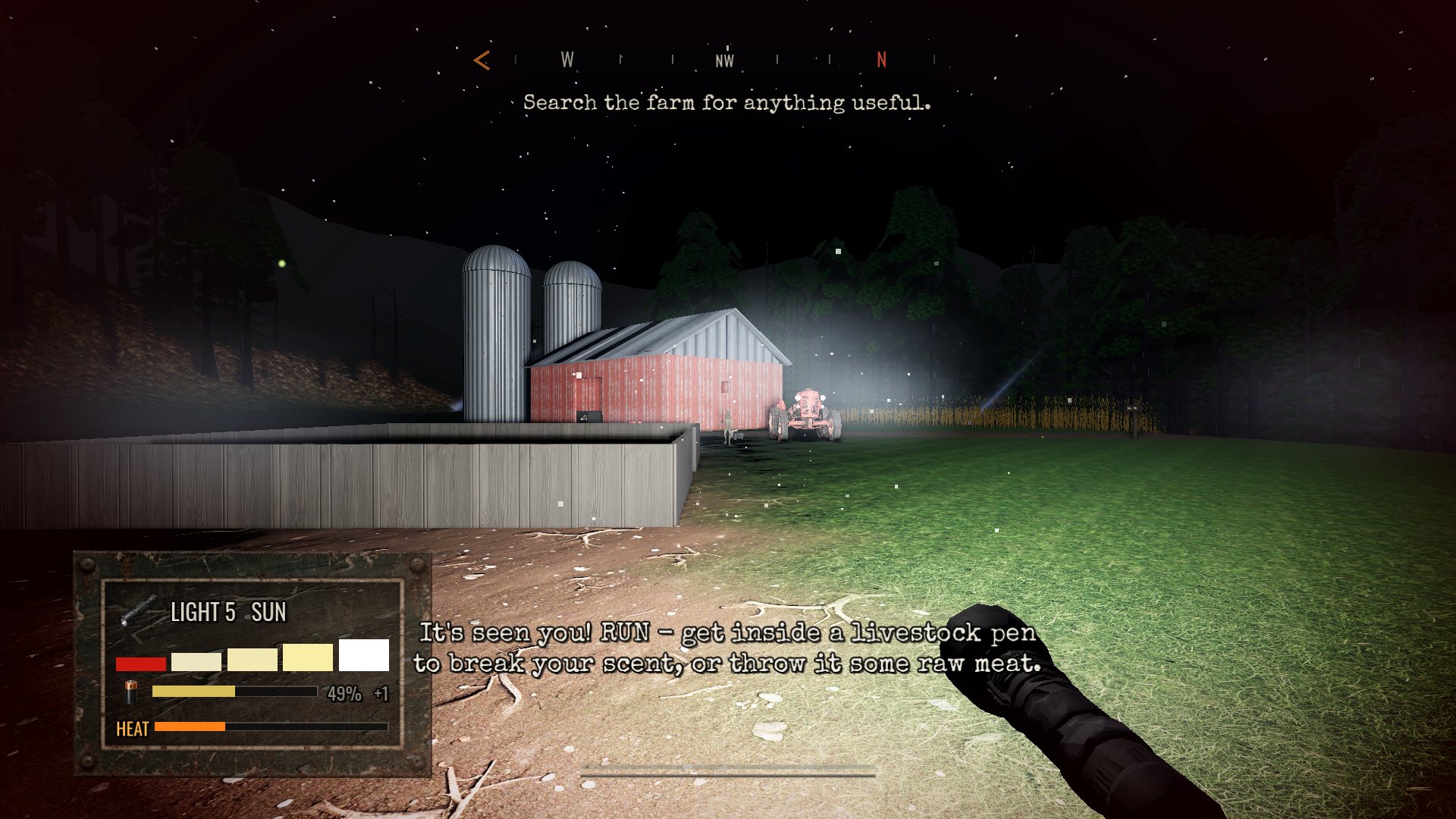 The farm under a full-power beam: silos, the barn and the livestock pens.
