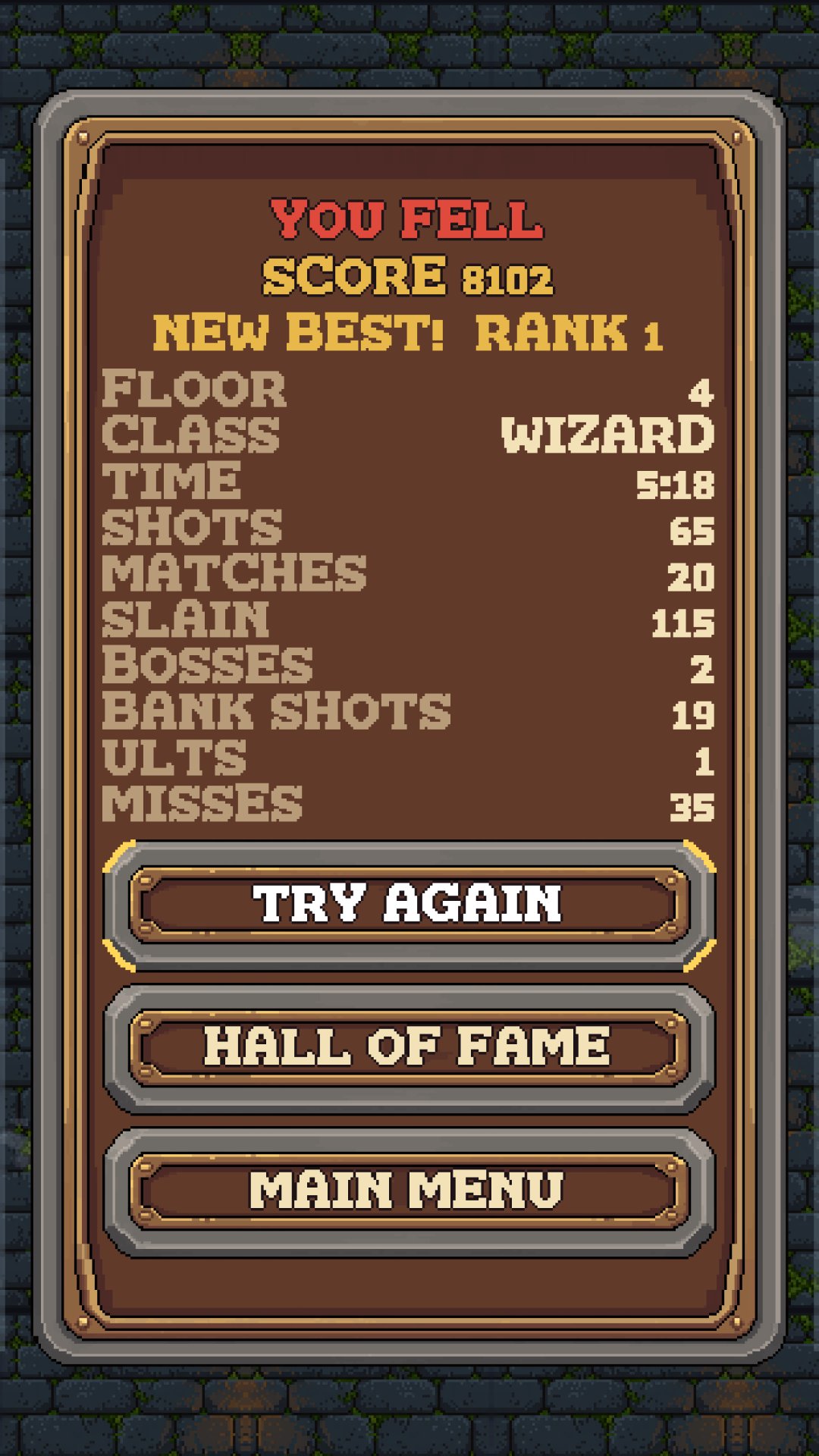 The run report: floor, class, time, shots, matches, slain, bosses, bank shots, ULTs and misses.