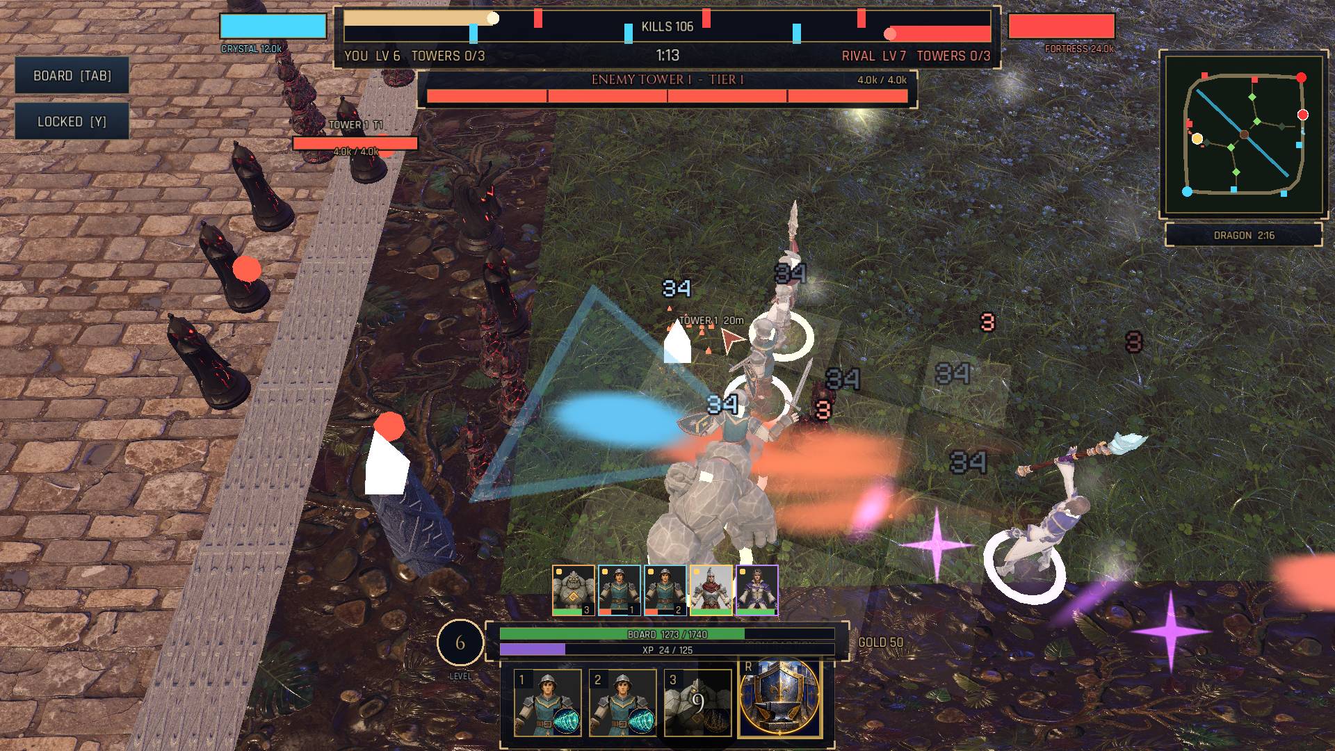 Five heroes push through the lane-side swarm.