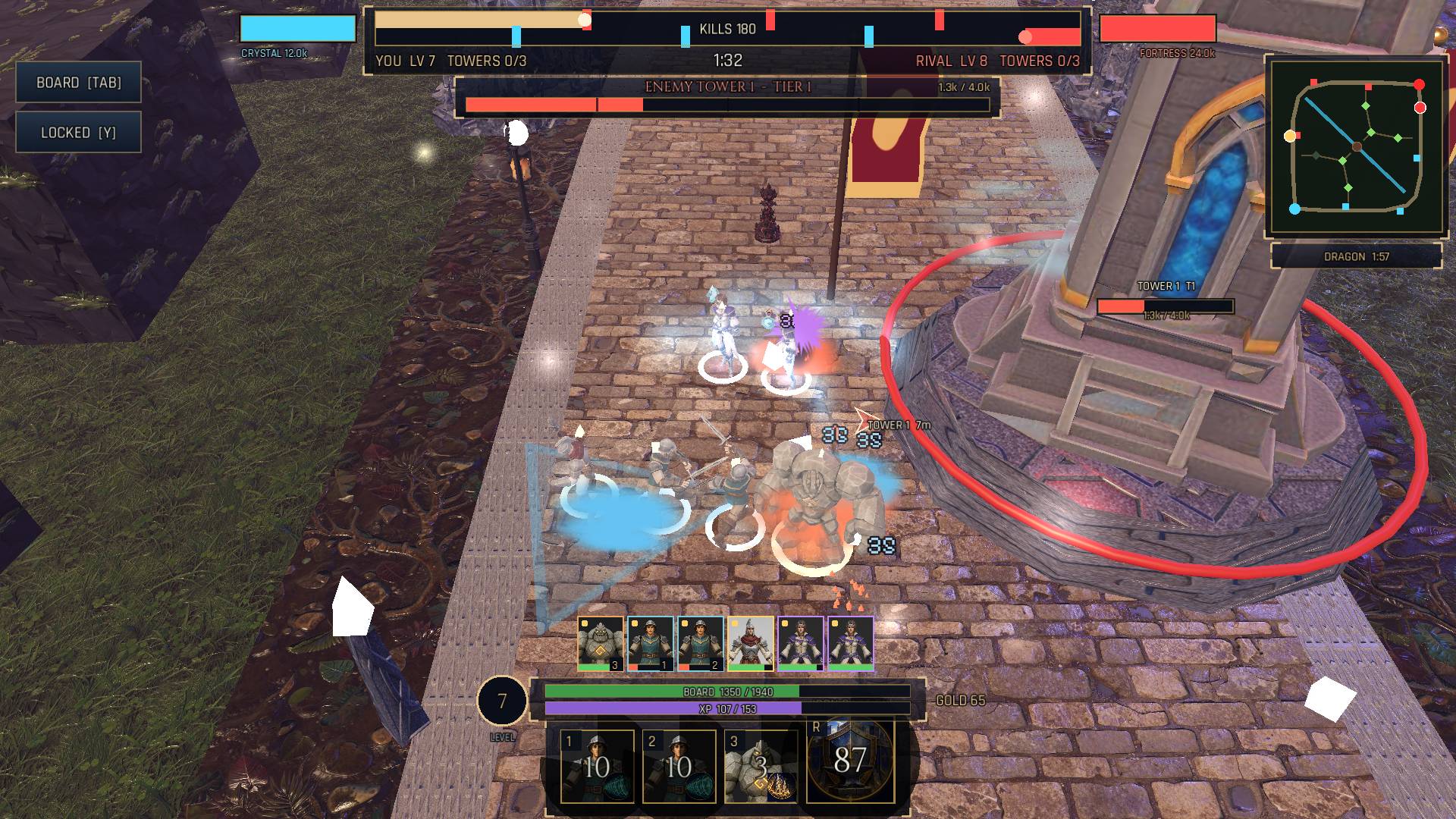 Six heroes hold the line beside the damaged tower.