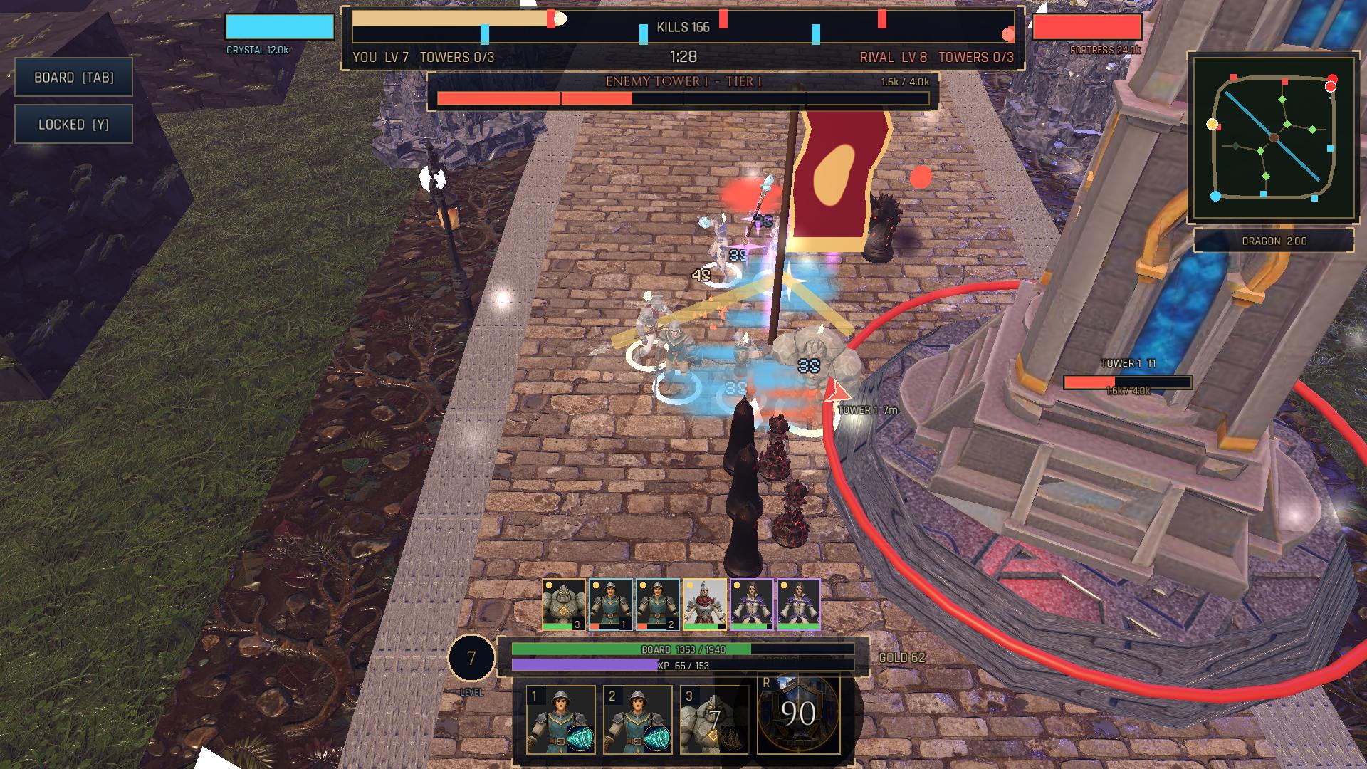 Fight incoming chess pieces while pressuring the tower.