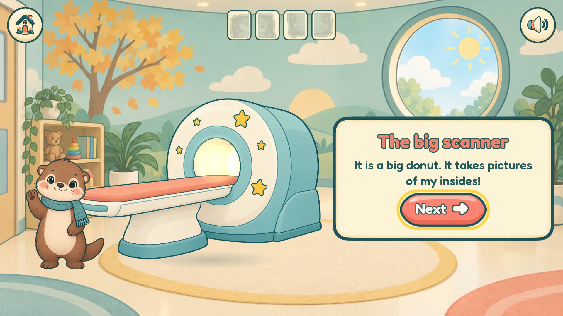 The big scanner is like a big donut. It takes pictures of Pip's insides.