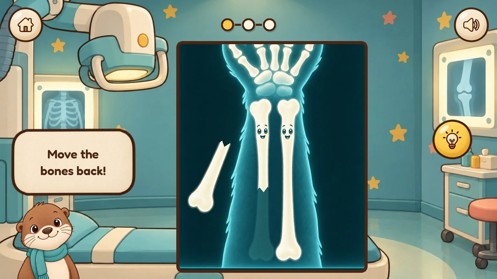 Slide the cartoon bone pieces back to their glowing spots on the X-ray.