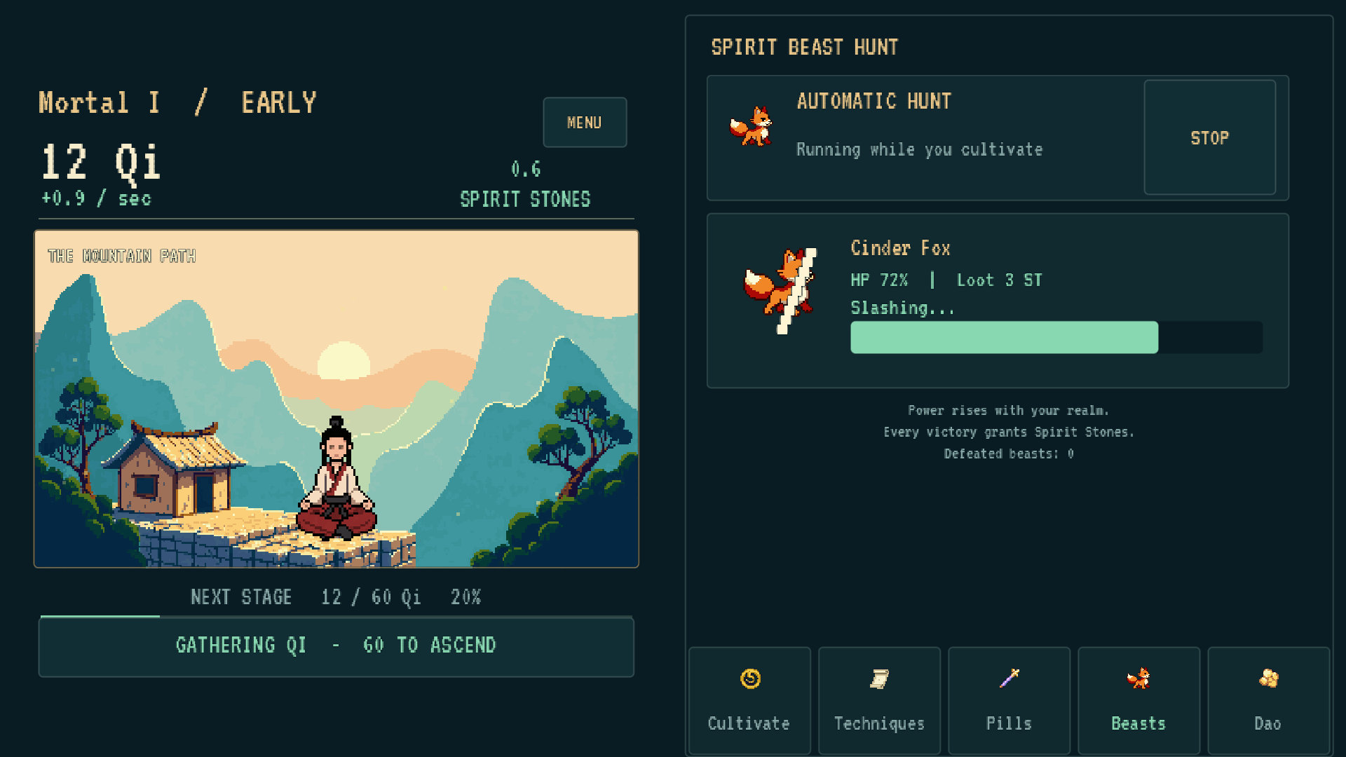 Hunt spirit beasts while your sanctuary gathers Qi.