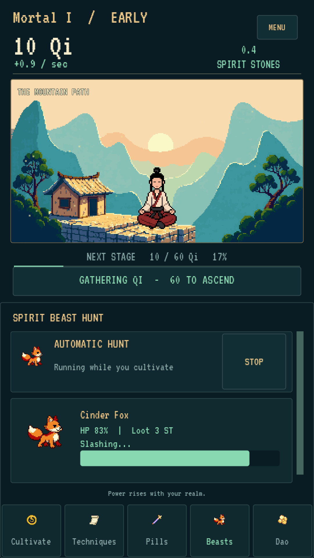 Start an automatic spirit-beast hunt with touch controls.