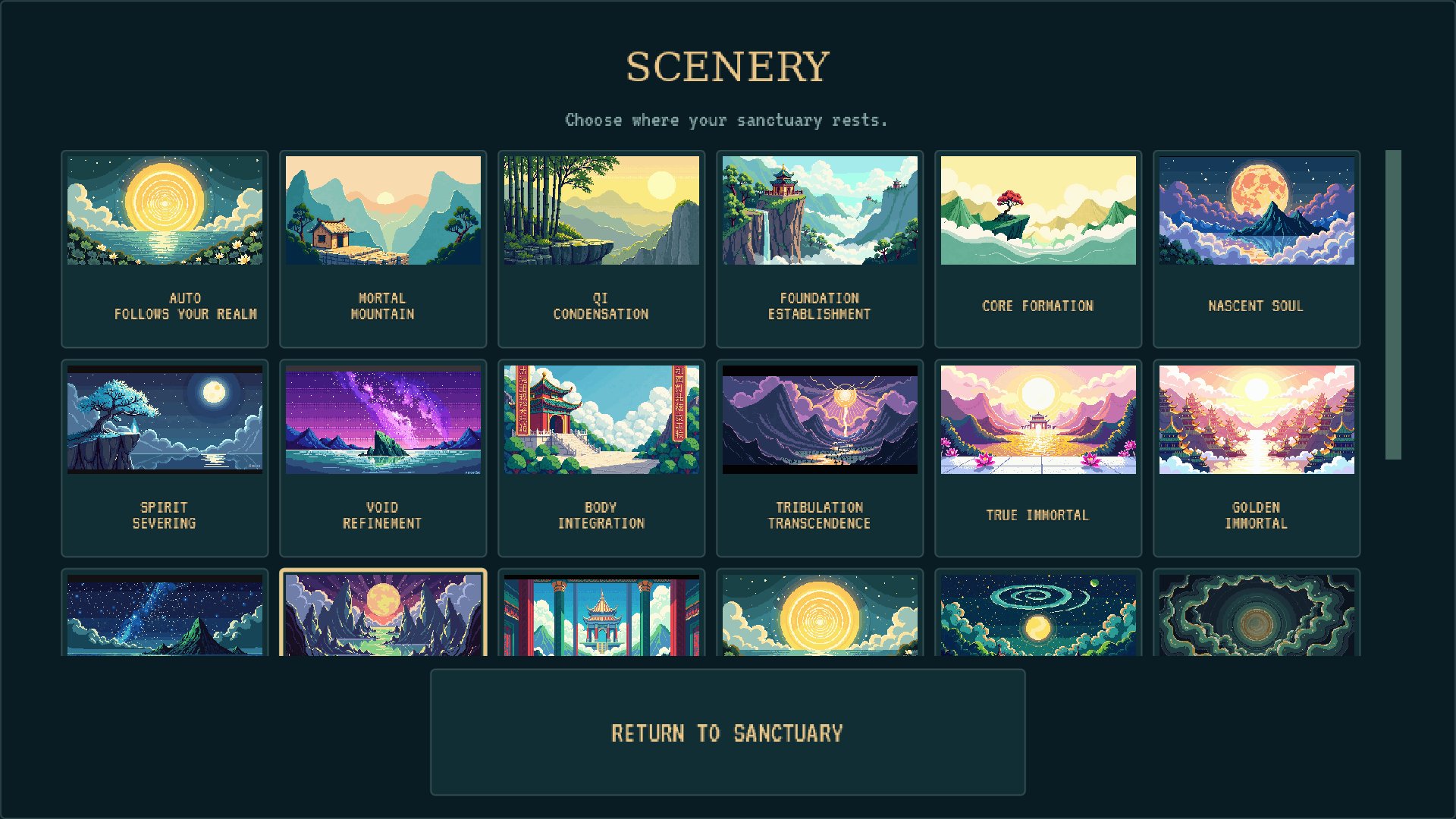 SCENERY, opened from the MENU: rest your sanctuary in any realm you have reached.