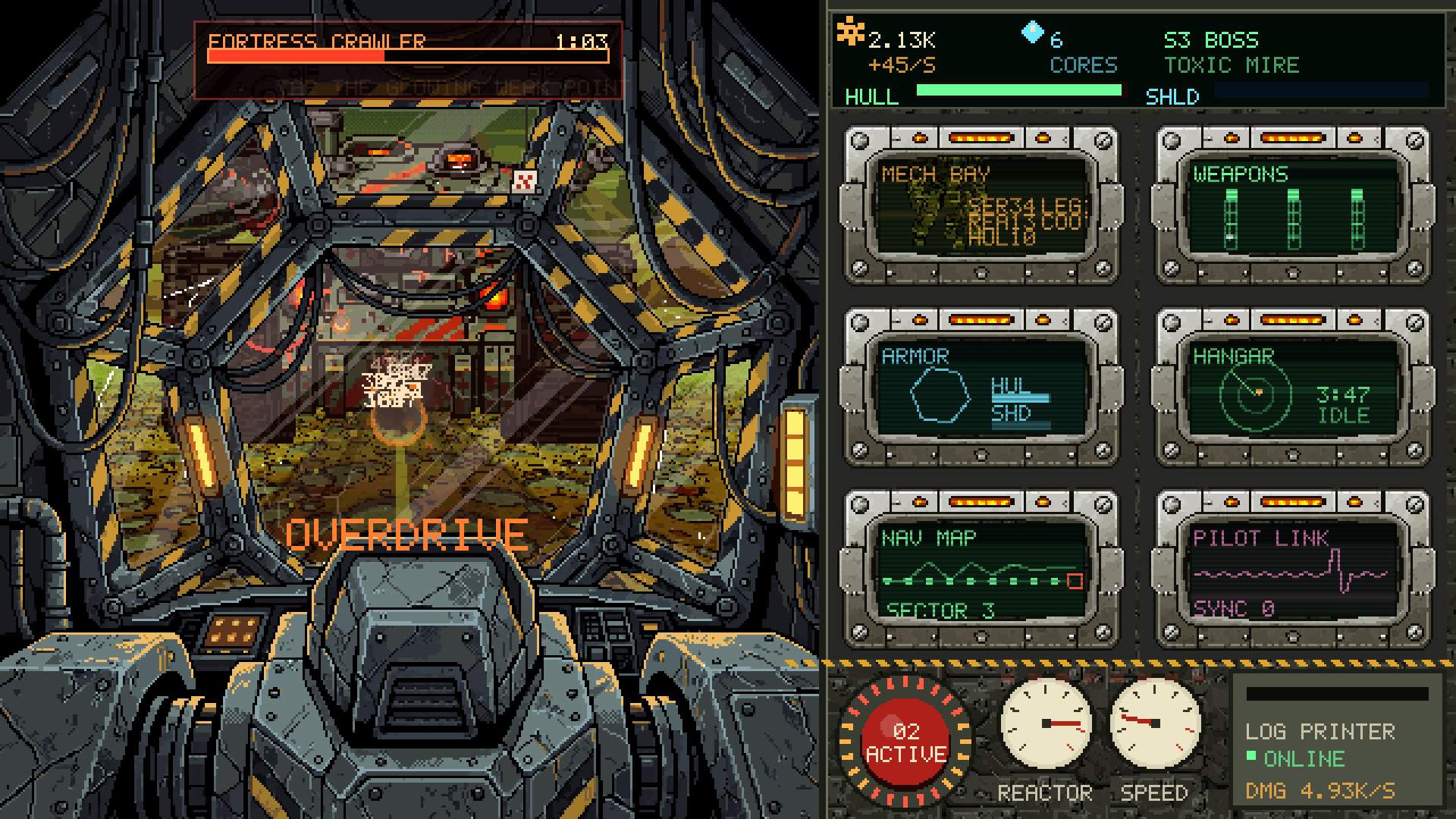 Fortress Crawler: tap the glowing weak point while the guns keep firing.