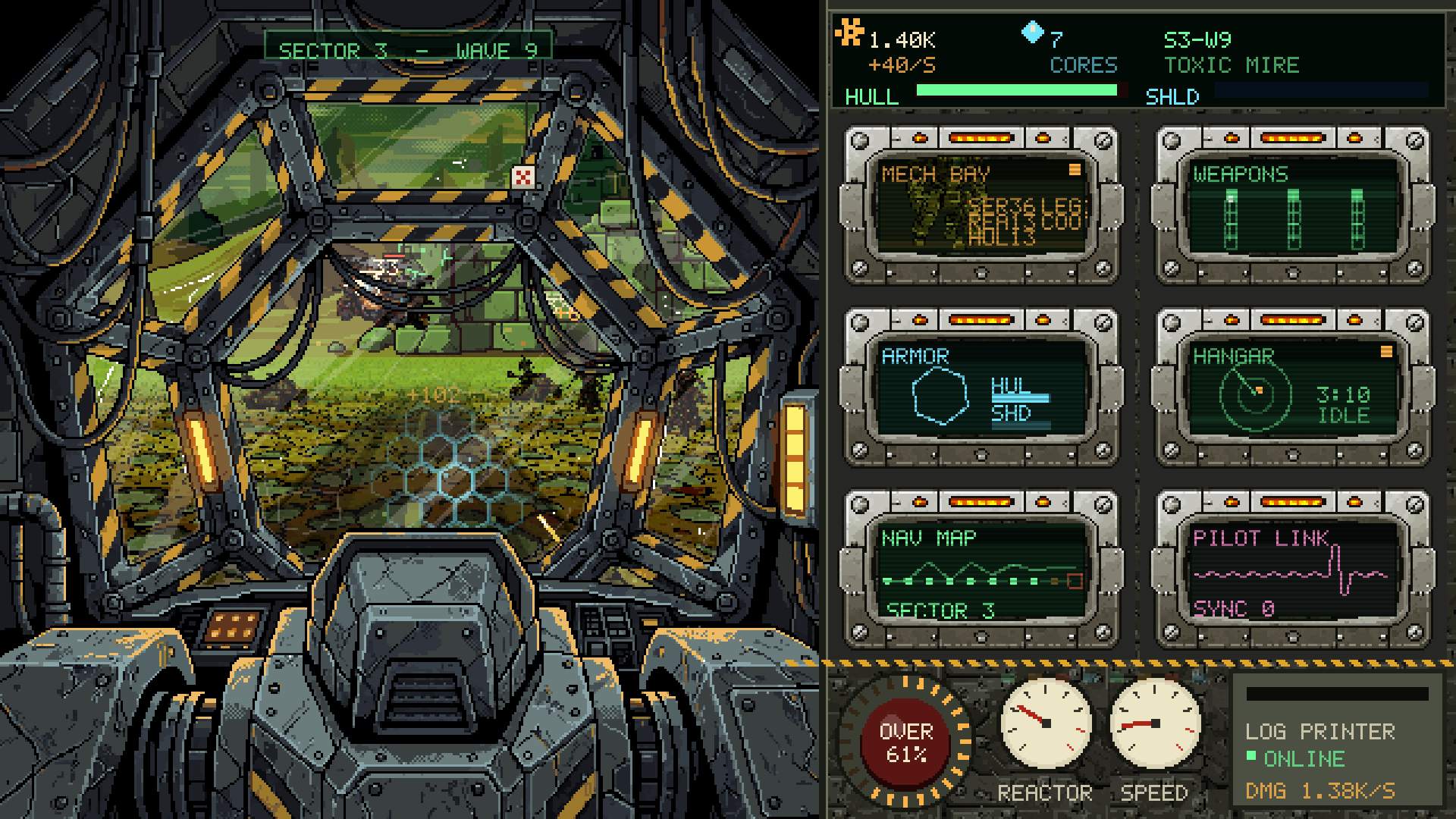 Toxic Mire: the energy shield flashes its hex pattern across the glass.
