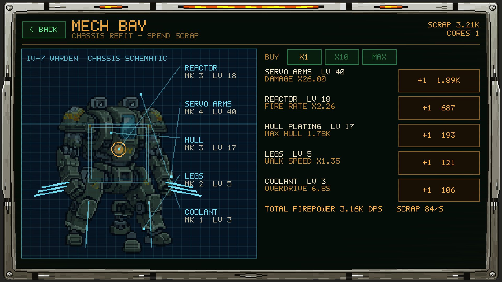Mech Bay: five chassis parts on a live blueprint, buy x1, x10 or max.