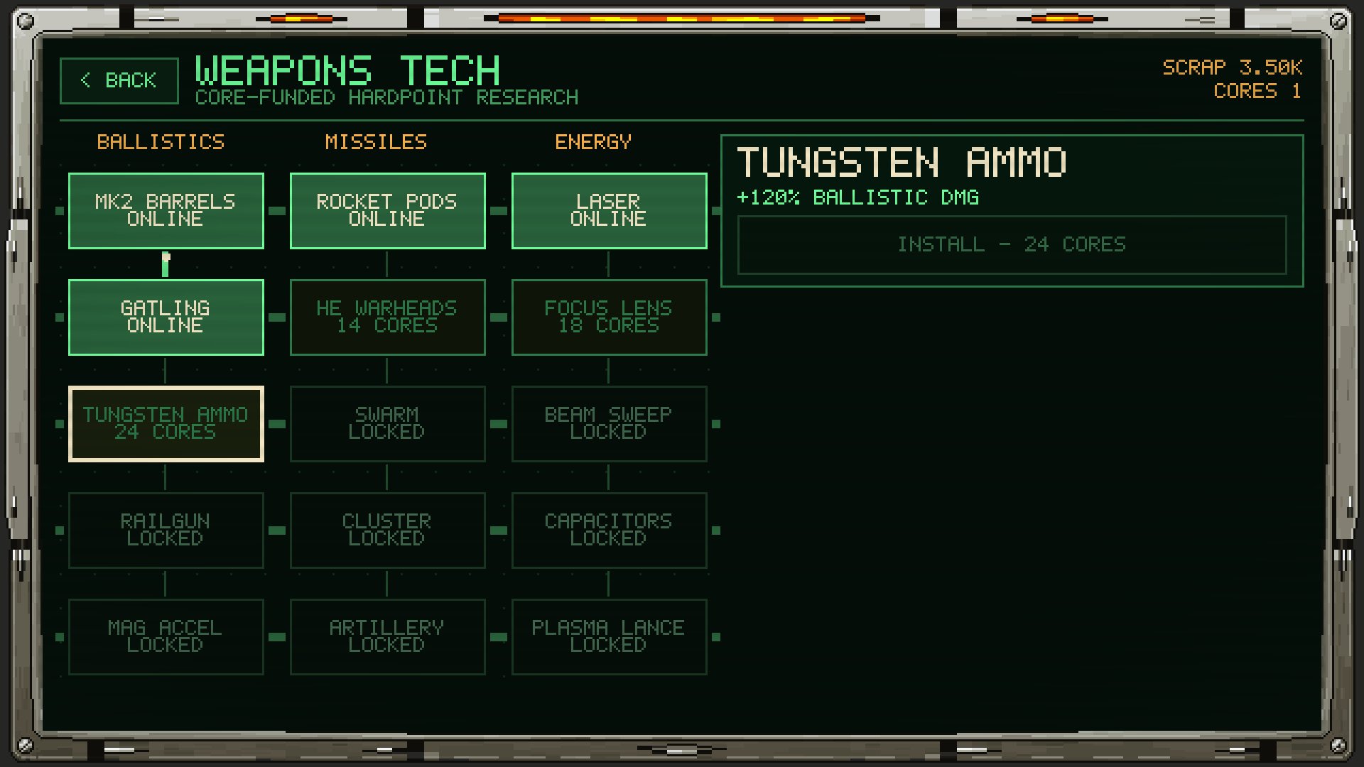 Weapons Tech: spend cores along the Ballistics, Missiles and Energy branches.