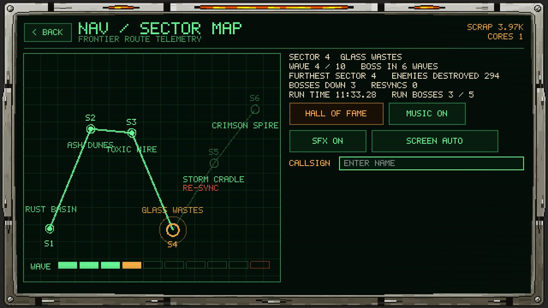 Nav Map: the sector route, wave progress and your run time.