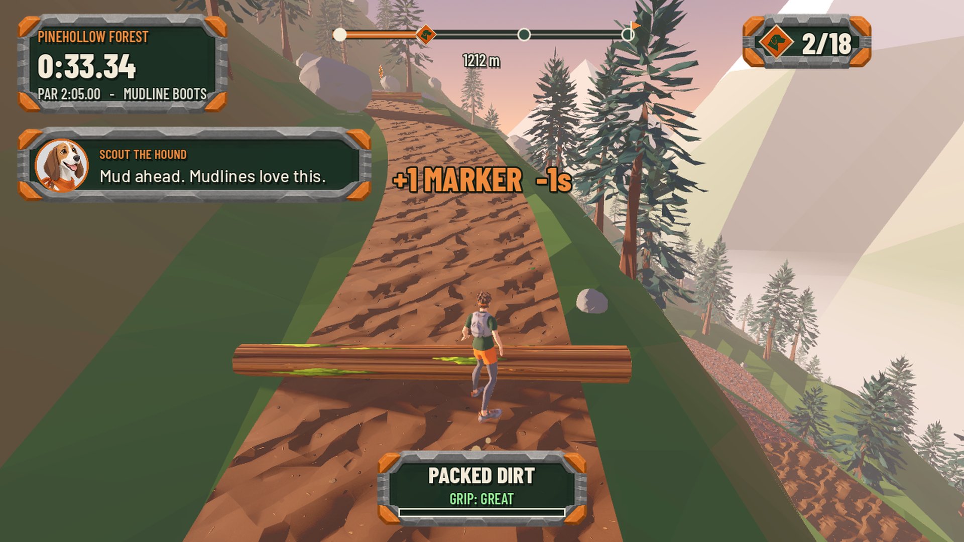 Grab trail markers for a second off, and jump the fallen logs.