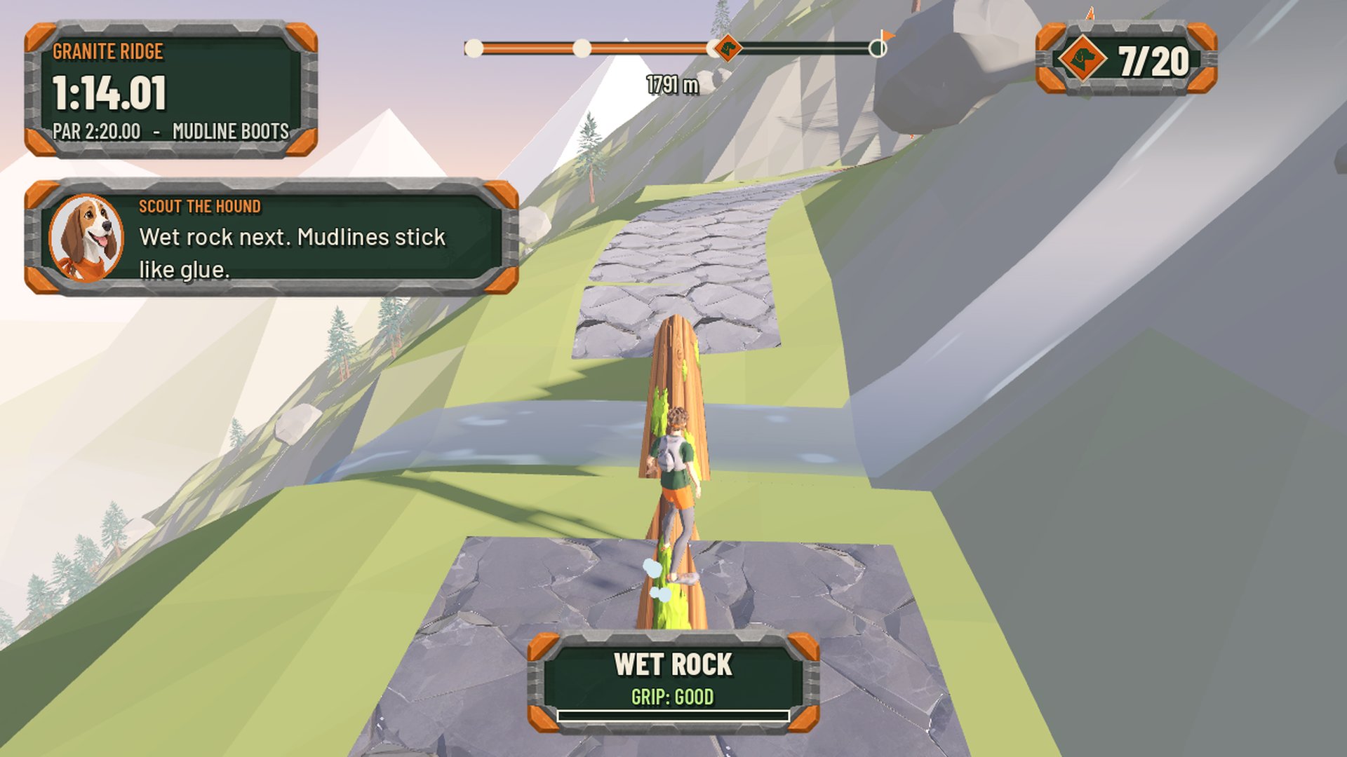 Scout calls out the ground ahead: wet rock after the stream.