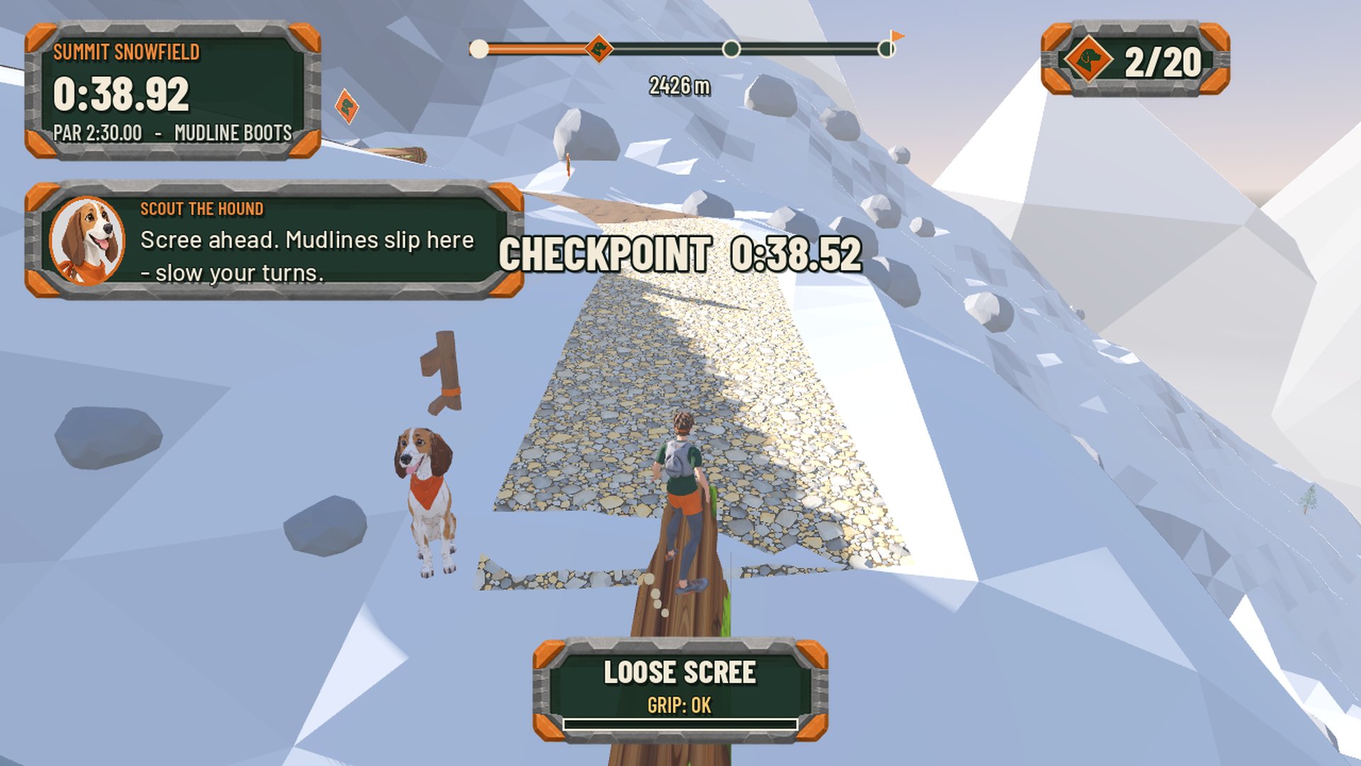 Summit Snowfield checkpoint, with Scout waiting by the trail.