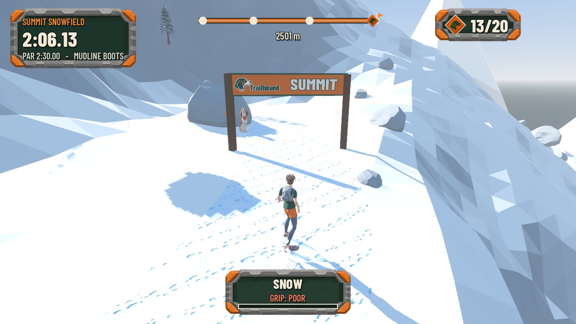 Snow all the way to the summit arch.