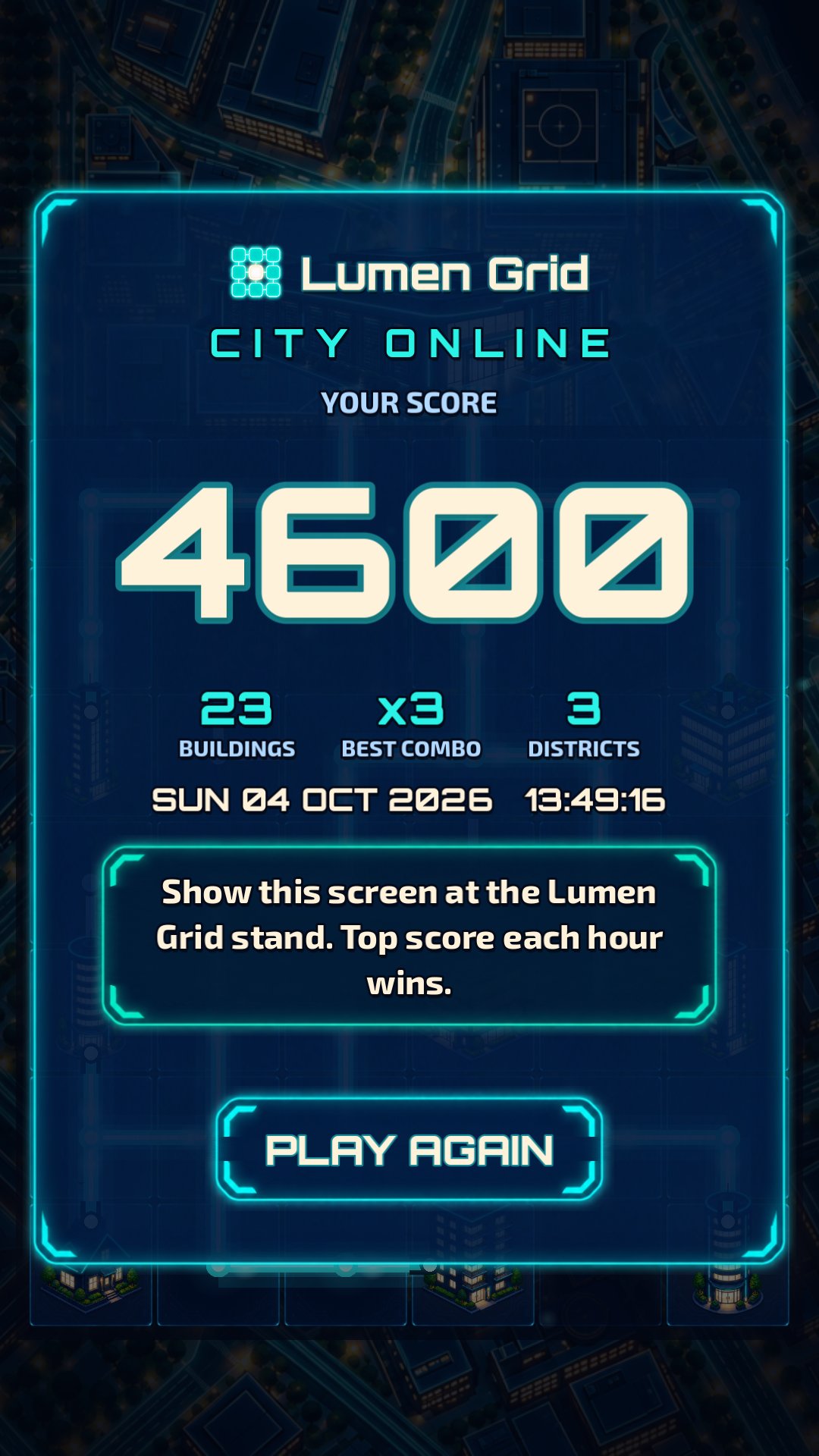 The booth score card: score, buildings, best combo, districts, time stamp.