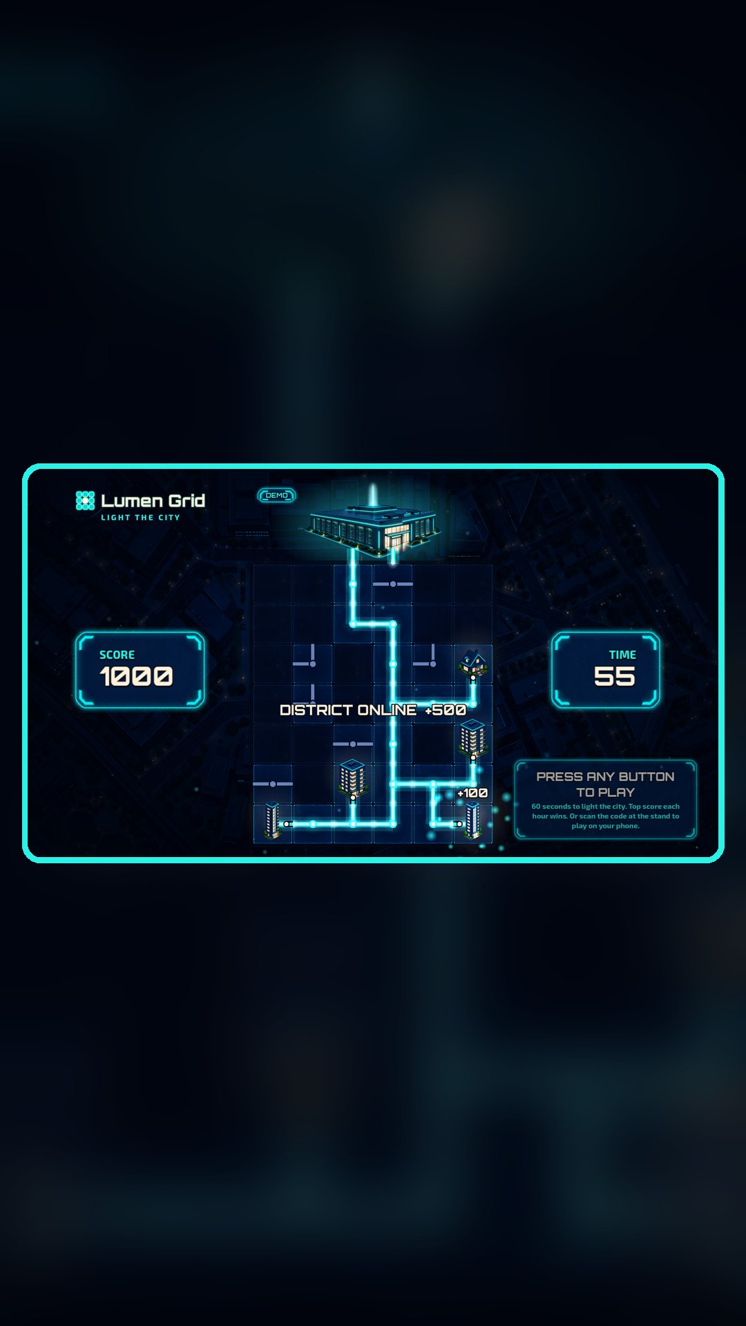 Big-screen attract mode: the demo plays itself until someone steps up.