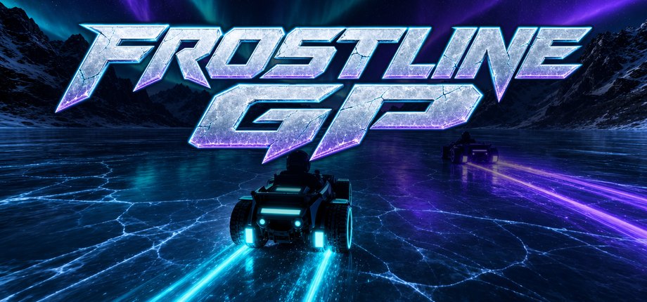 A Steam header capsule for Frostline GP: the game's chrome logo over neon karts on cracked ice under the aurora