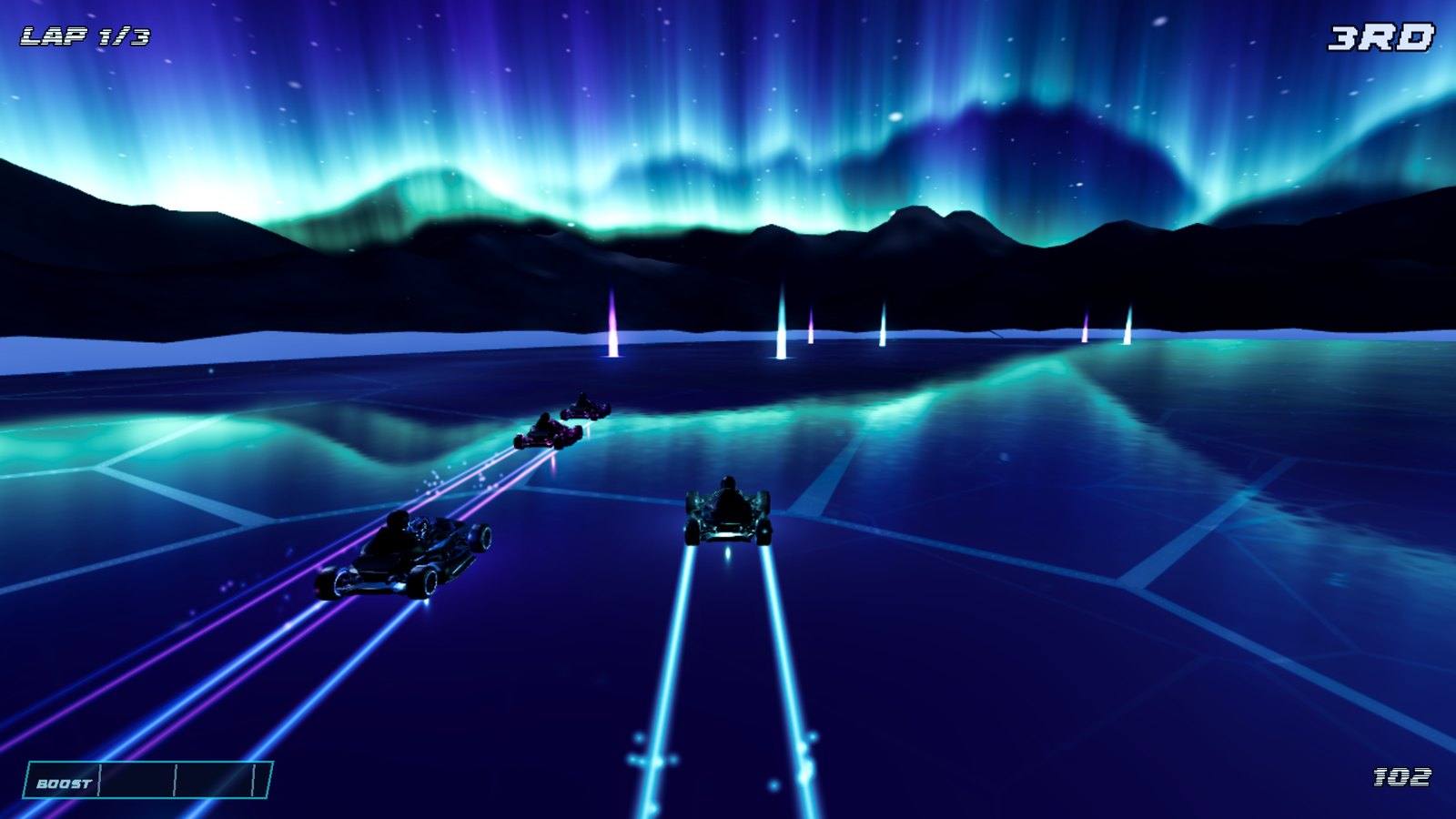 A raw gameplay screenshot from Frostline GP: three karts leaving light trails on the ice, lap 1 of 3, third place, under the northern lights