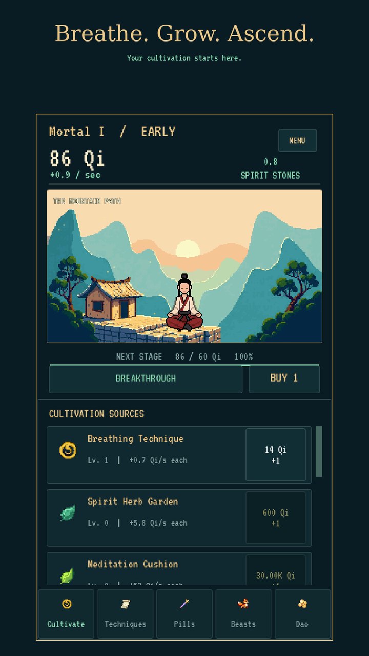 A captioned phone store screenshot for Nine Heavens Ascent: Breathe, Grow, Ascend, above a framed capture of the cultivation screen