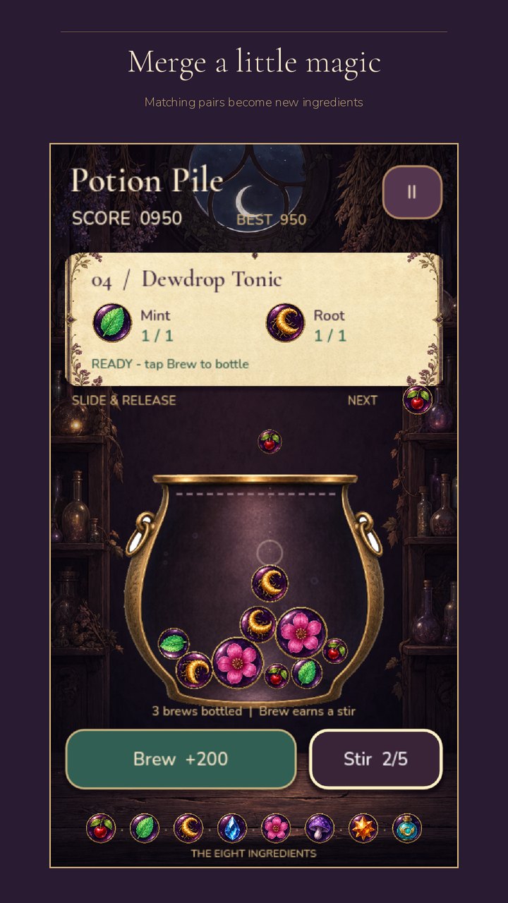 A captioned phone store screenshot for Potion Pile: Merge a little magic, above the game's portrait layout with a cauldron of ingredients