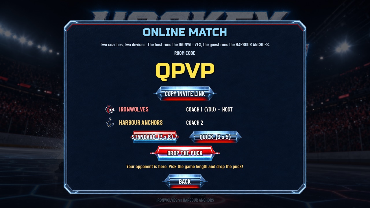 The host's lobby showing the room code QPVP and both coaches
