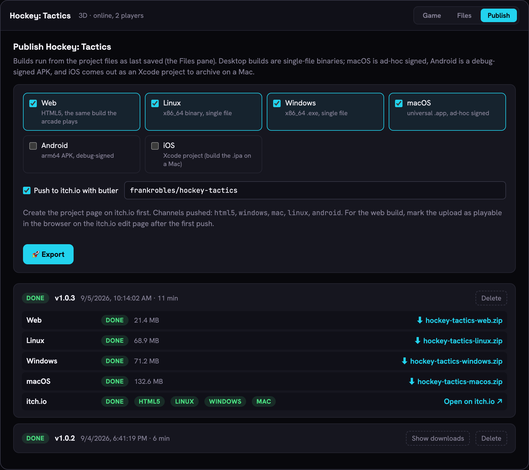 A finished export with downloads for Web, Linux, Windows and macOS and the itch.io push done