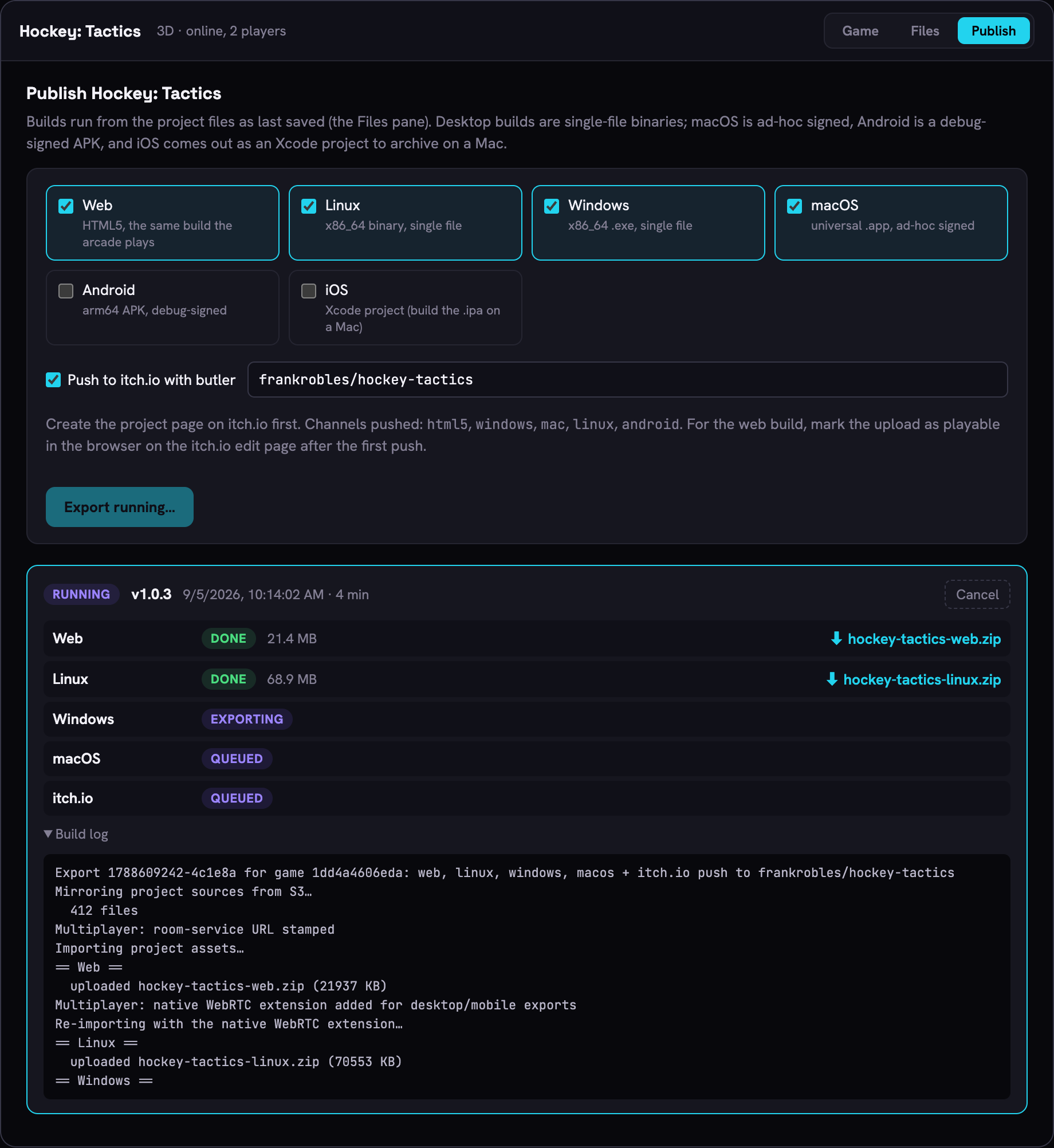 The studio's Publish pane mid-export with Web and Linux done and Windows exporting